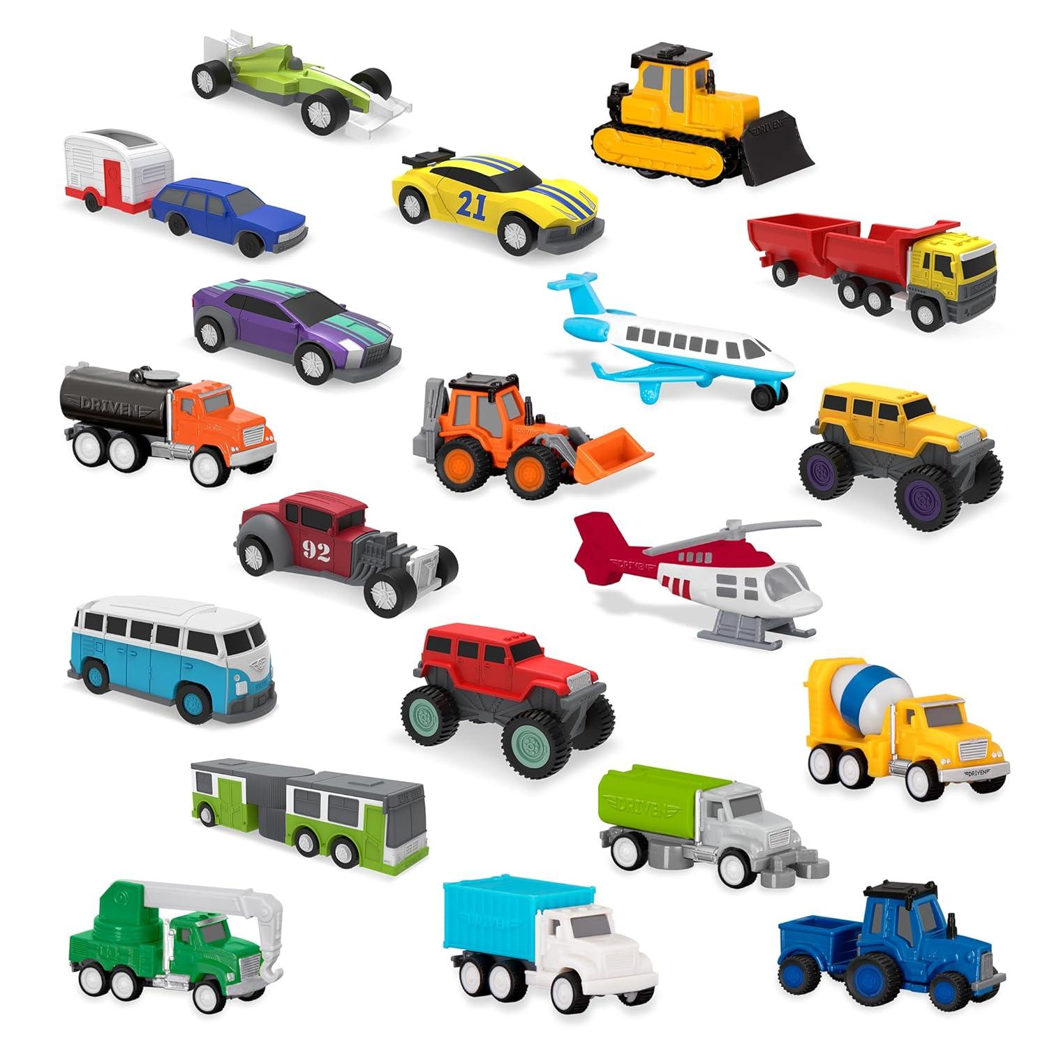 Driven by Battat – 20-Pack Pocket Fleet Mini Toy Vehicles – Includes Camper Van, Cement Mixer, Monster Truck, Race Car & More – Durable Car Playset for Kids Ages 3+