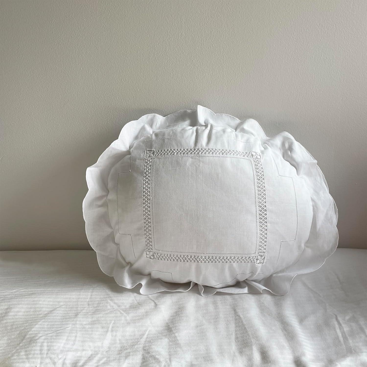 White Cotton Embroidered Round Pillow Set with Ruffled Edges