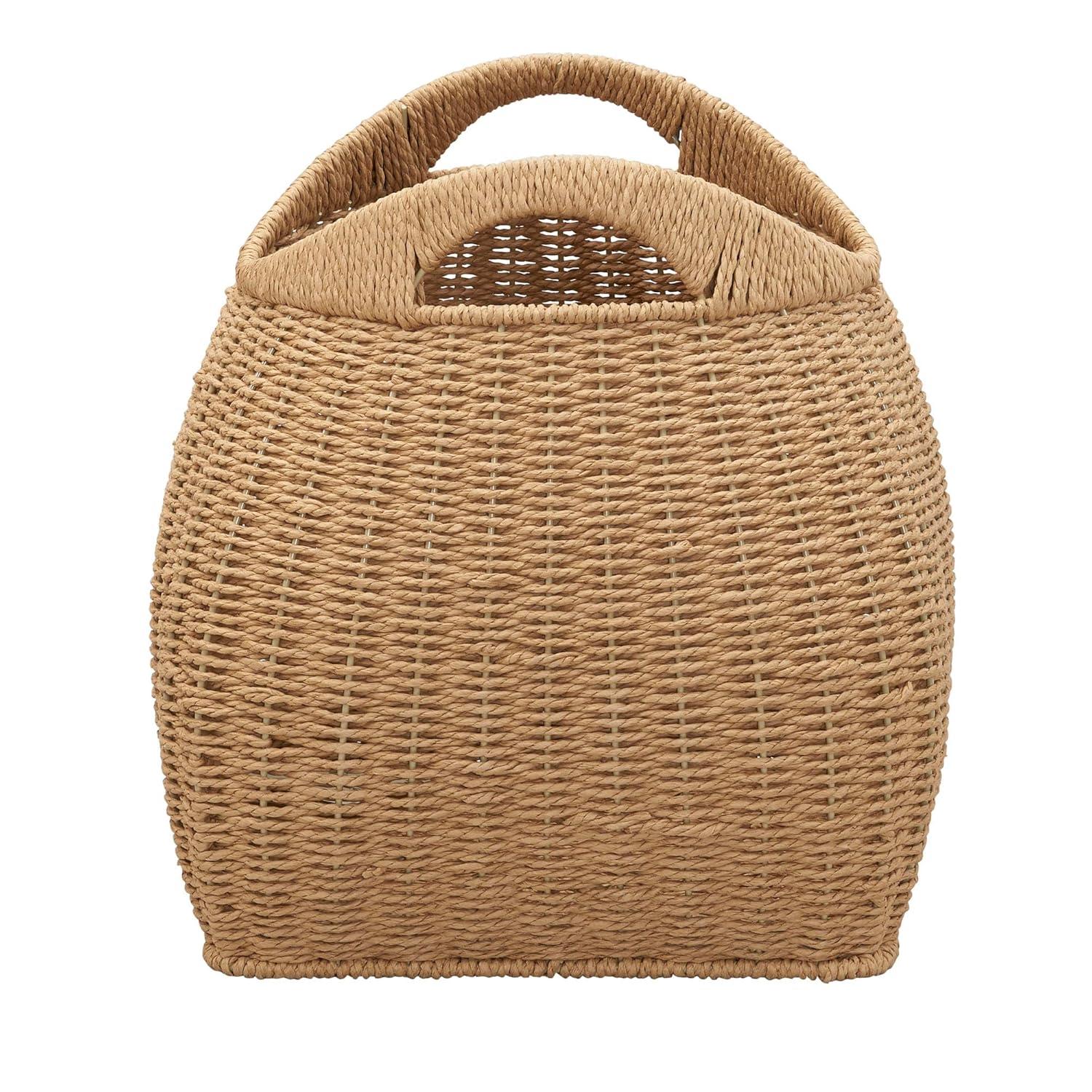 Household Essentials Basket with Handles Seagrass: Handwoven Round Storage, Brown Decorative Wicker, 14" Height