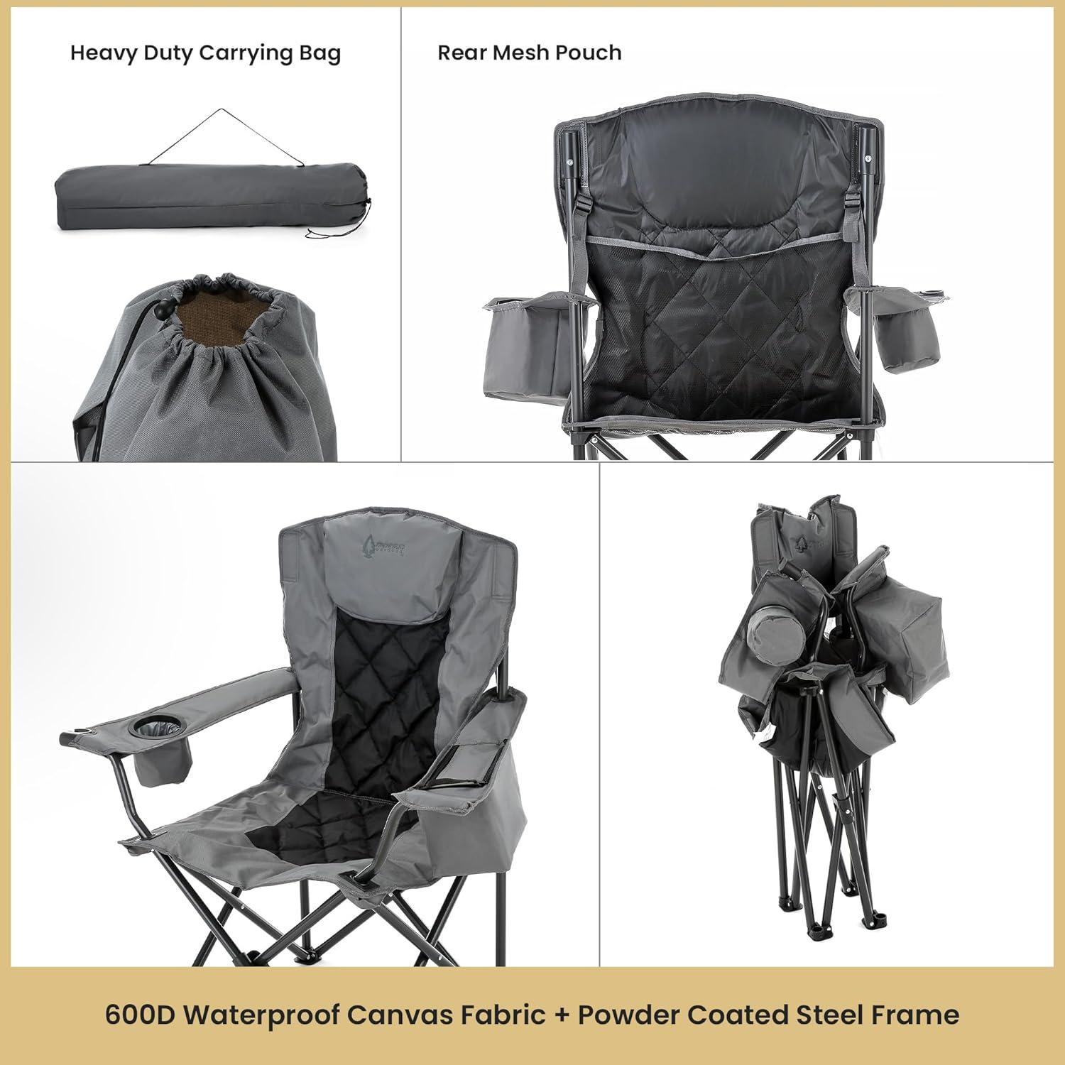 ARROWHEAD OUTDOOR Folding Camping Quad Chair w/ 6-Can Cooler, Cup & Wine Glass Holders, w/ Carrying Bag, Gray