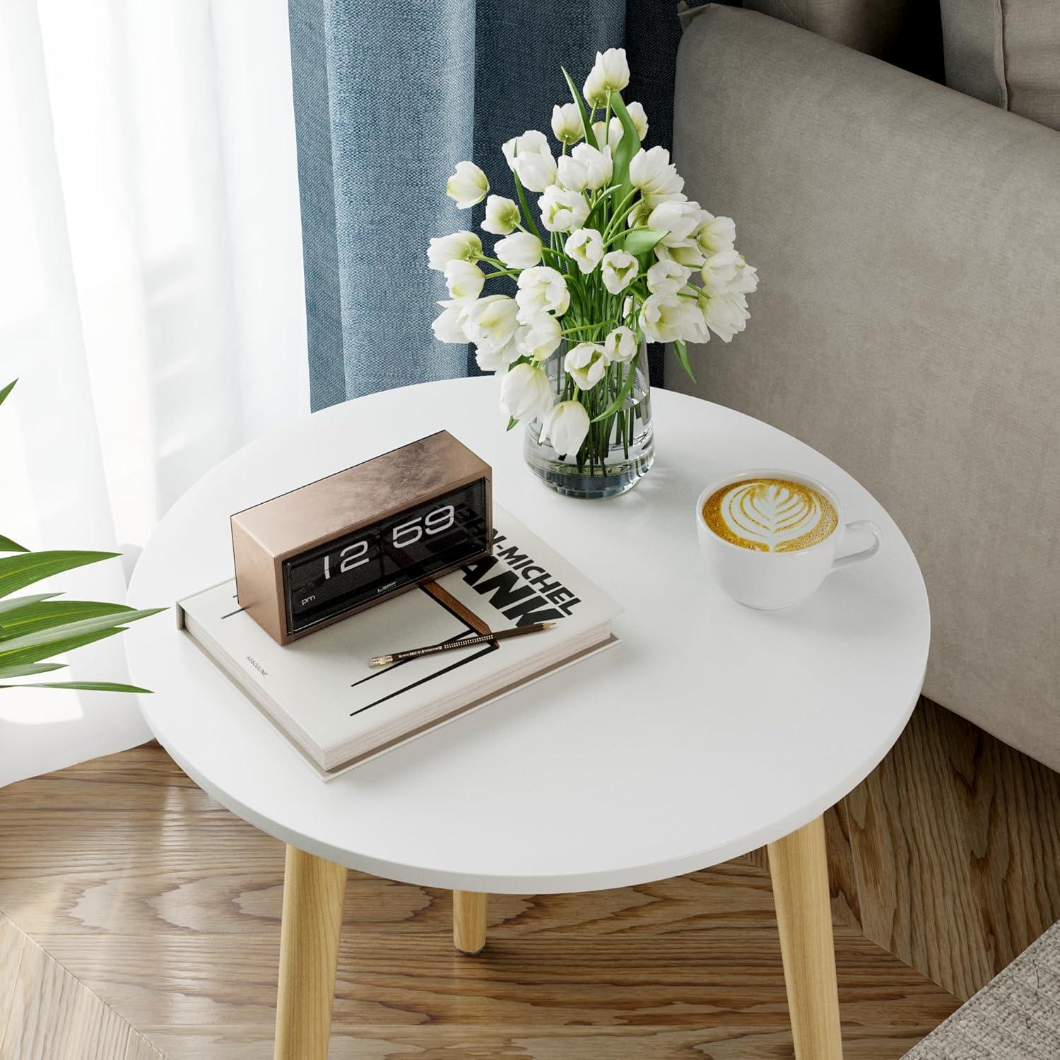 Round Side Table Set of 2, White Nightstand Coffee End Table for Living Room, Bedroom, Small Spaces, Modern Home Decor Bedside Table with Natural Wood Legs, 16.5 Inches