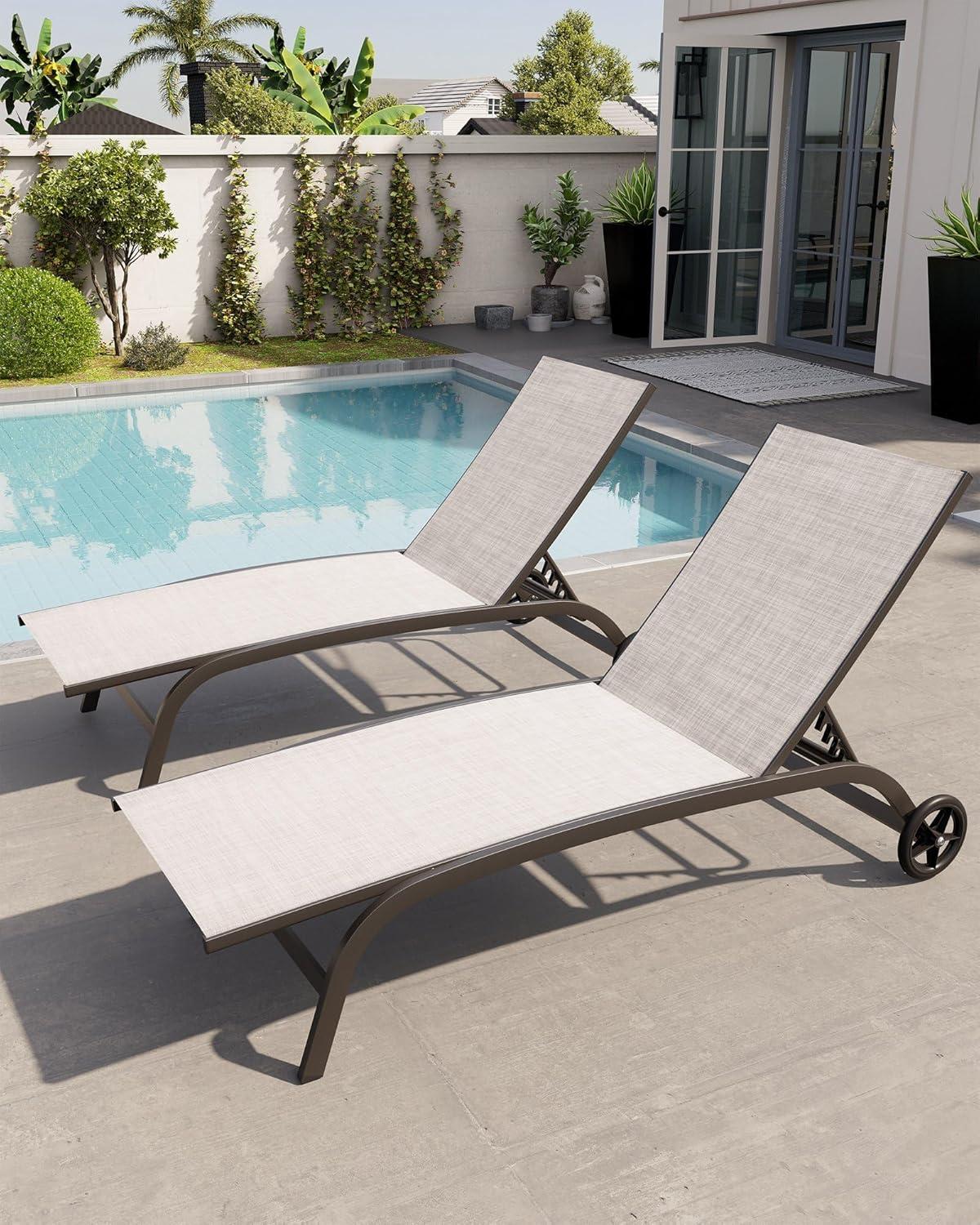 2pc Outdoor Adjustable Chaise Lounge Chairs with Wheels - Beige - Crestlive Products: Aluminum Frame, Rust & Weather-Resistant