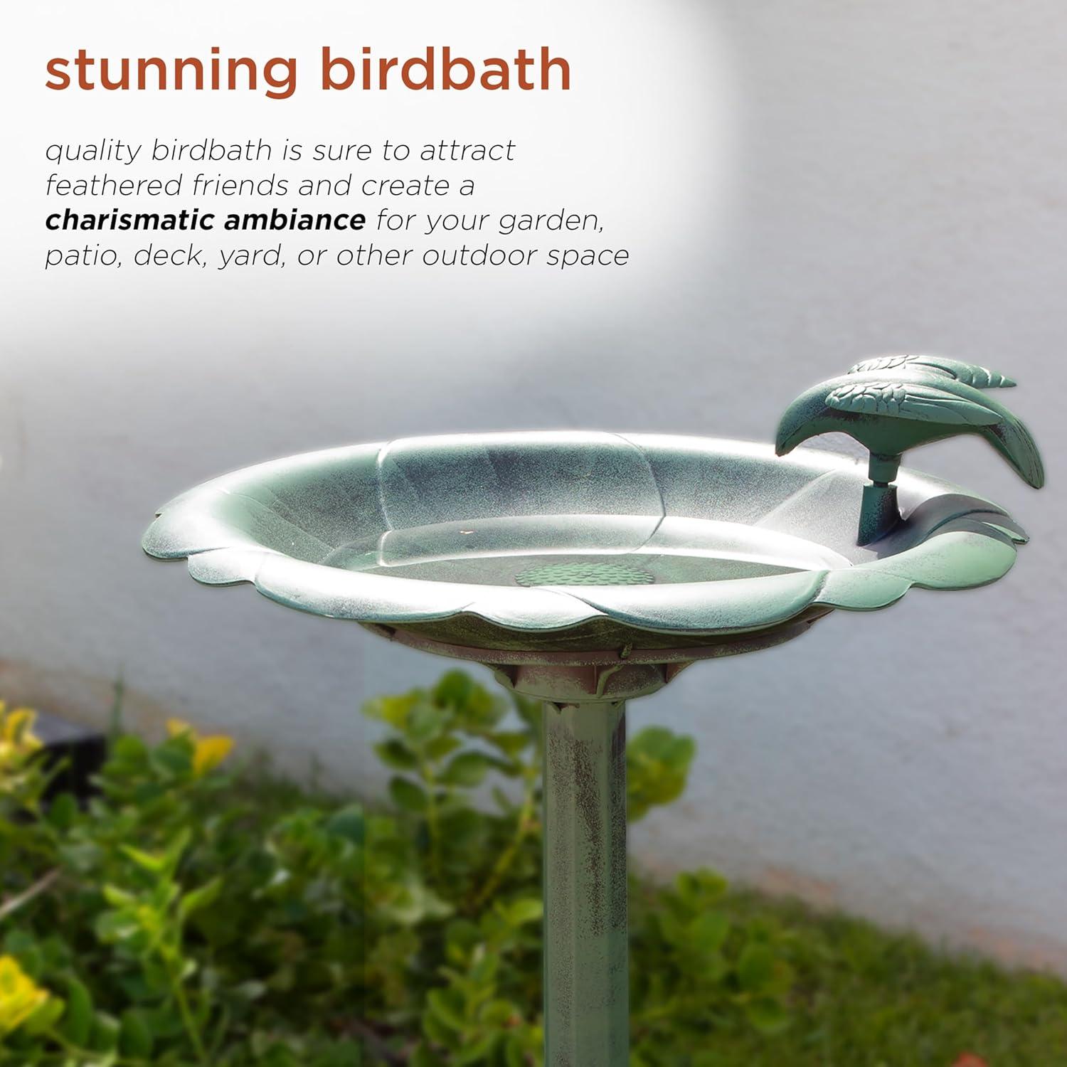 Green Polypropylene 31" Outdoor Bird Bath with Bird Decoration