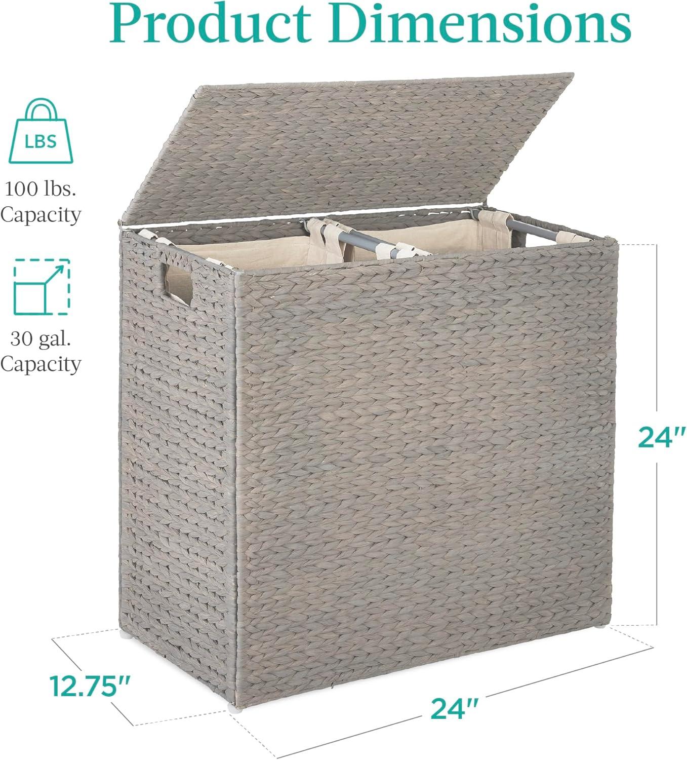 Best Choice Products Large Natural Water Hyacinth Double Laundry Hamper Basket w/ 2 Liner Bags, Handles - Gray