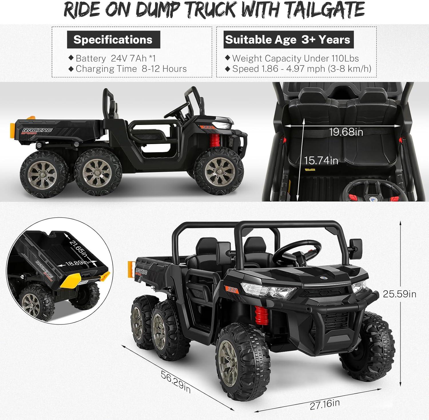 JOYRACER 24V 2 Seater Ride On Dump Truck with Remote Control , Electric UTV Car with Electric Dump Bed, 4WD Power Ride Cars W/6 Wheels Ride On Toys with Shovel Music Player