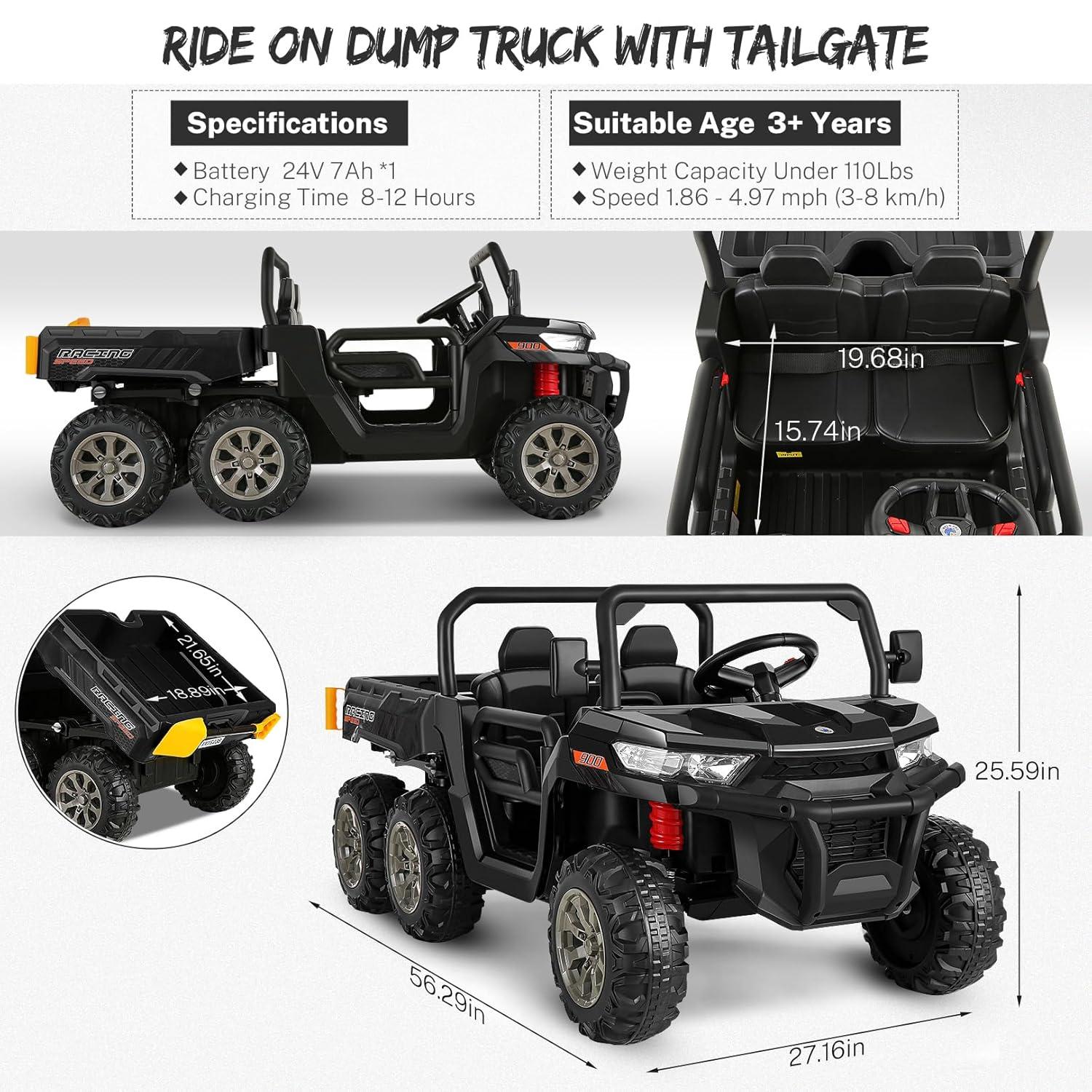 JOYRACER 24V 2 Seater Ride On Dump Truck with Remote Control , Electric UTV Car with Electric Dump Bed, 4WD Power Ride Cars W/6 Wheels Ride On Toys with Shovel Music Player