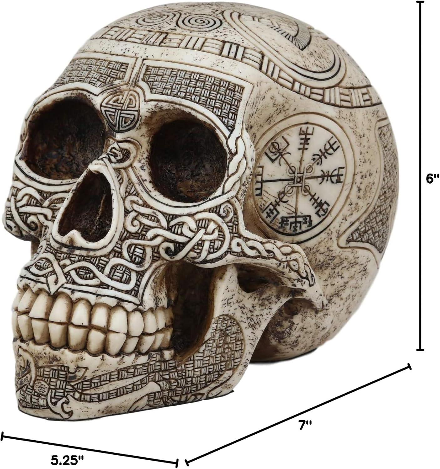 Viking Skull Figurine with Norse Symbols in Resin