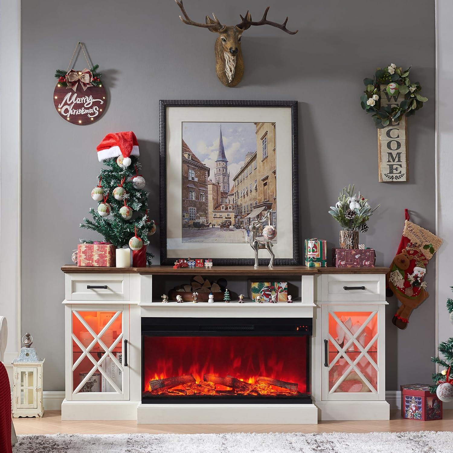 OKD 70" Farmhouse TV Stand w/Electric Fireplace & Glass Door Storage Cabinet, Antique White