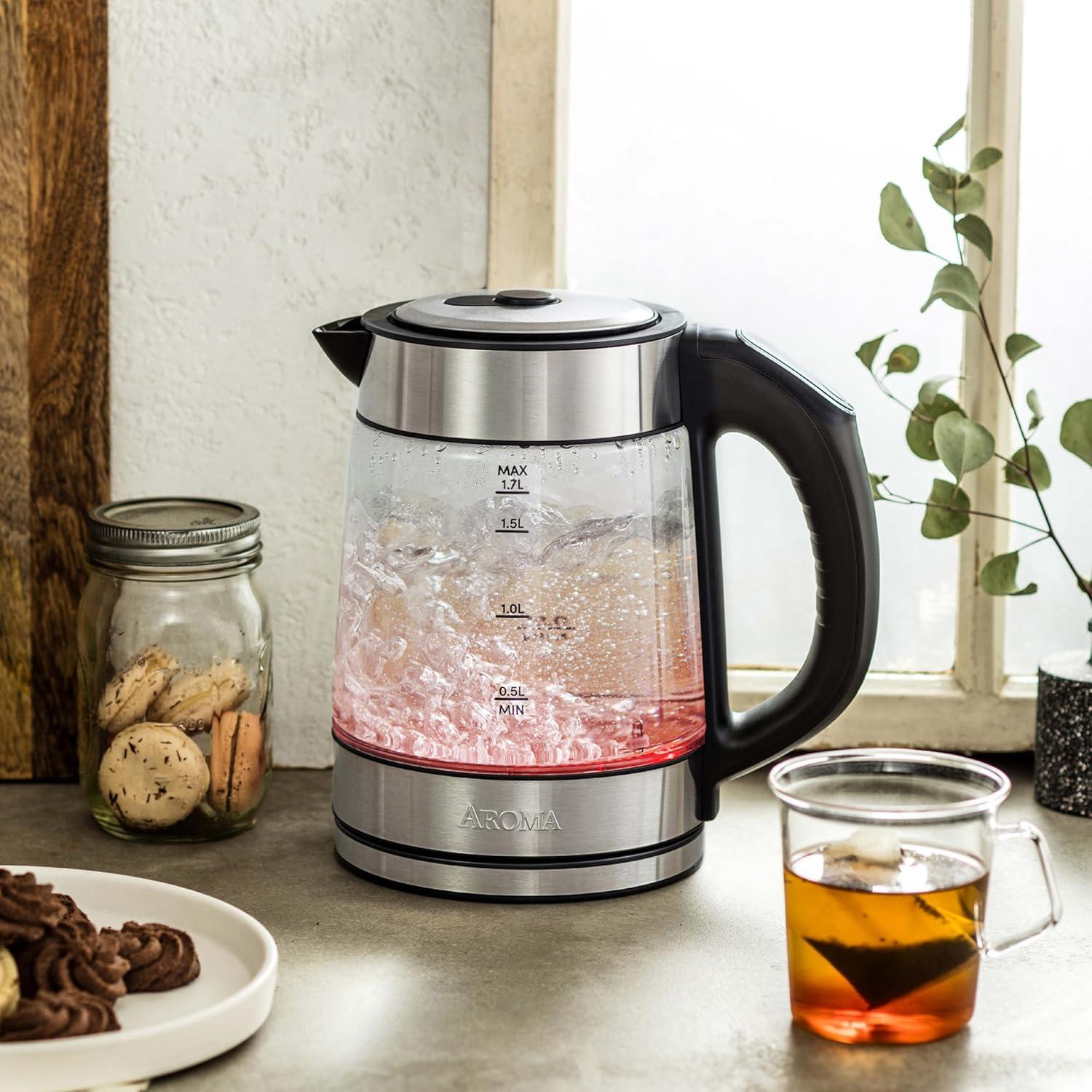 Aroma 1.7L Digital Programmable Kettle with Illumination: Borosilicate Glass, Automatic Shut-Off, Water Level Viewer