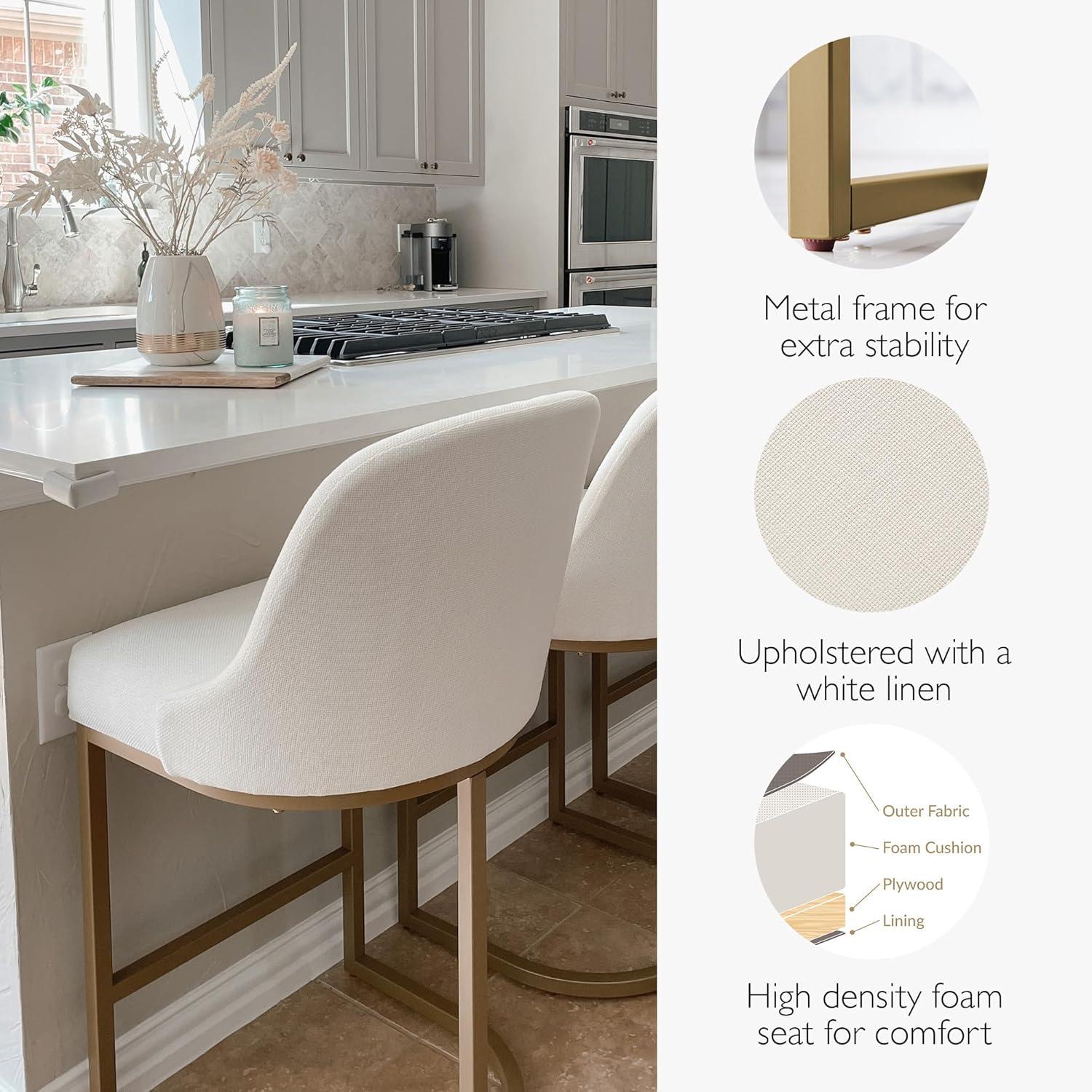 Leick Home 10132GD/WT Barrel back Counter Stool Set of 2 in White Linen Seat and Gold Metal Base