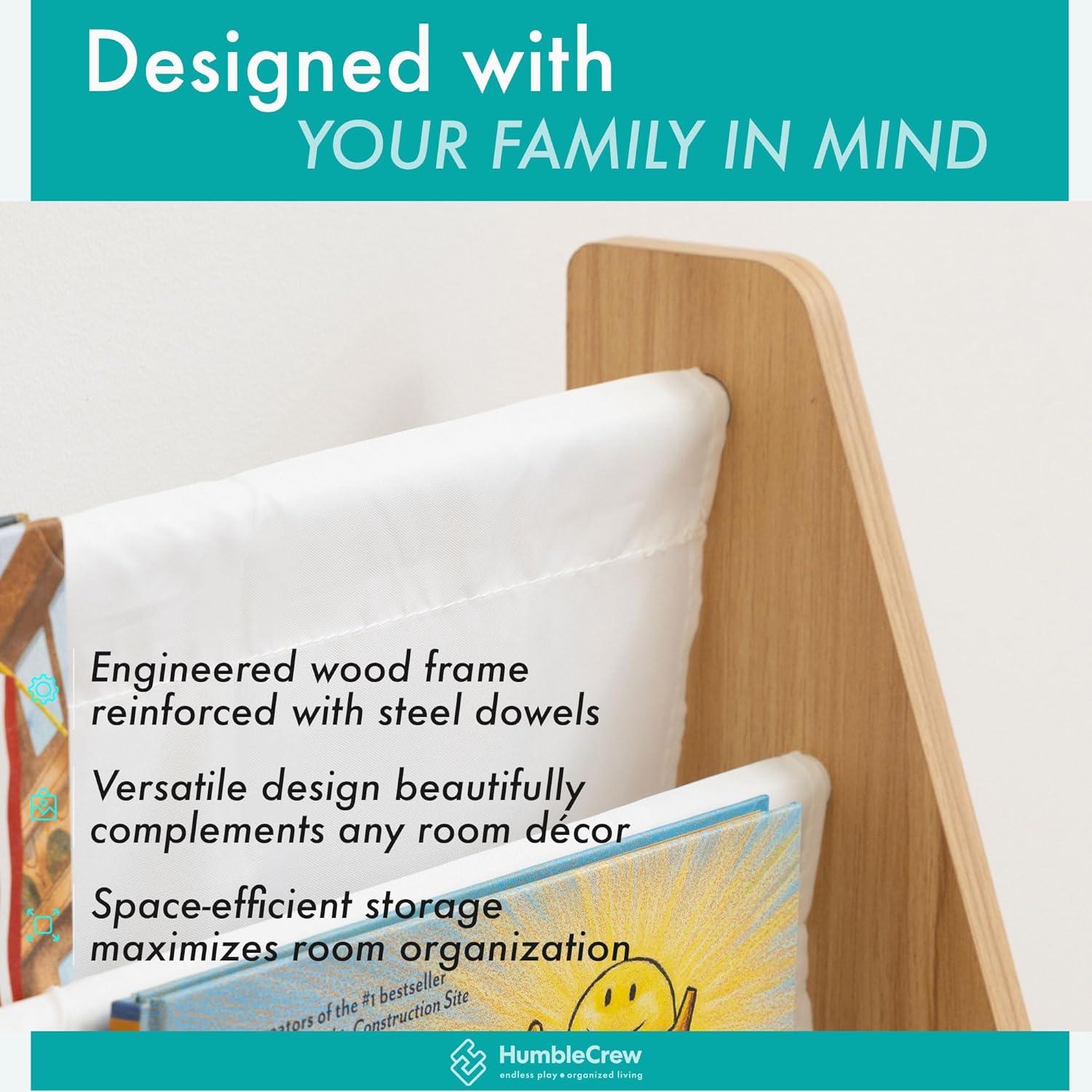 Humble Crew 4-Tier Kids Bookshelf, Natural Wood/White - Premium Book Shelf for Kids Rooms with Four Deep Pockets - Toddler Sling Book Rack with Deep Sleeves, Nursery Bookcase Organizer