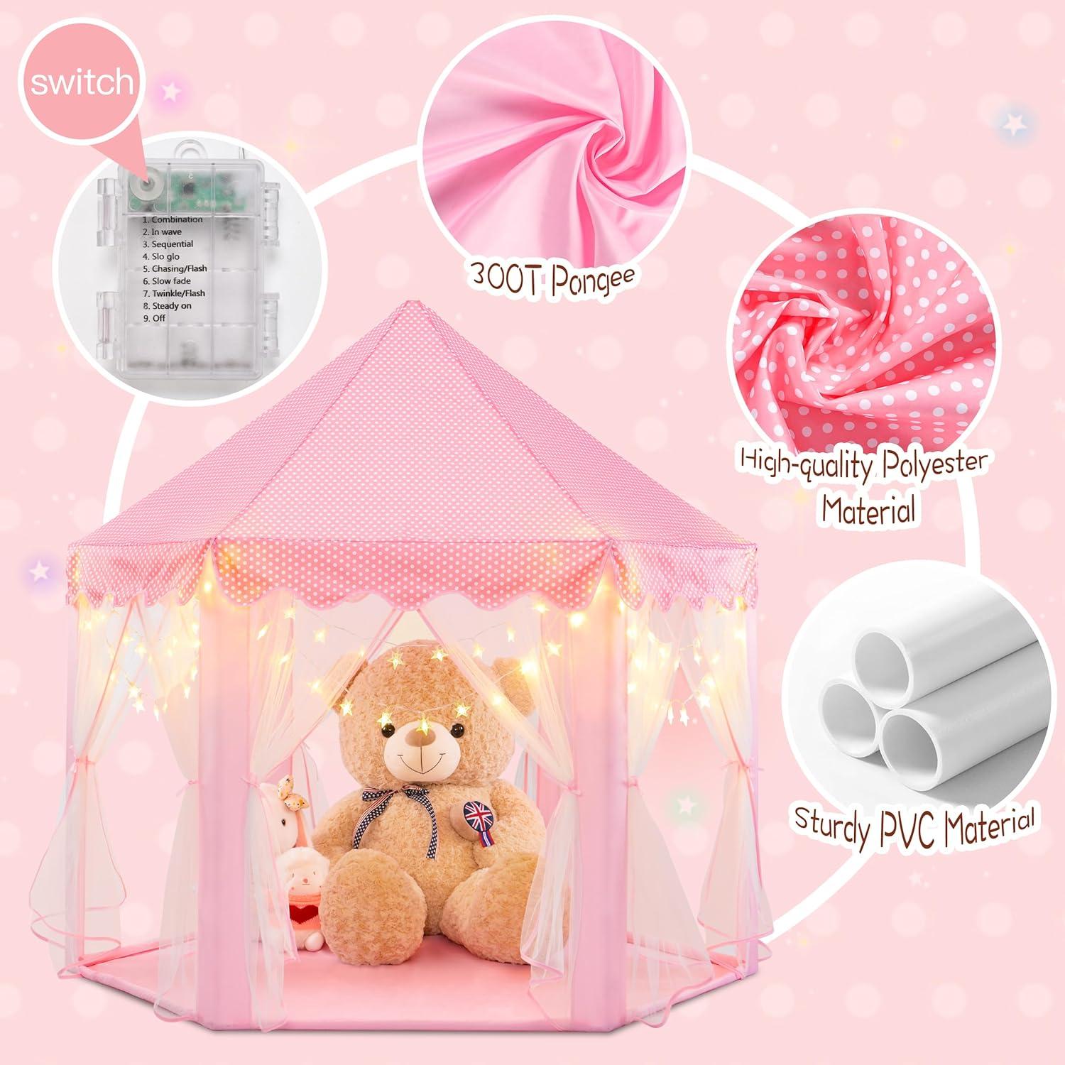 EVOIONOS Princess Tent for Girls, Kids Play Tent with LED Star Lights, Castle Playhouse for Children Indoor Outdoor Games, 55X53 inches, Pink