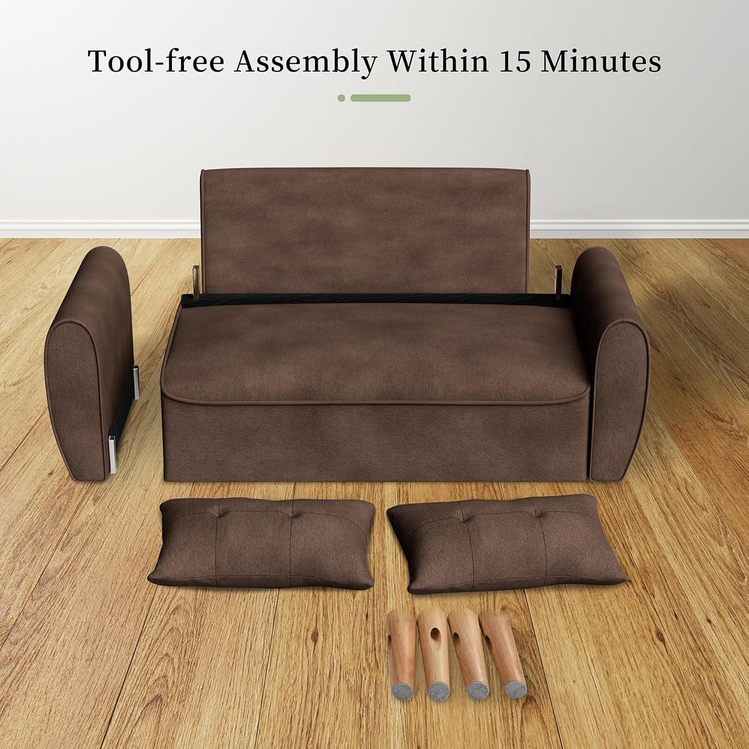 47" Black Tufted Linen Loveseat with Wood Legs