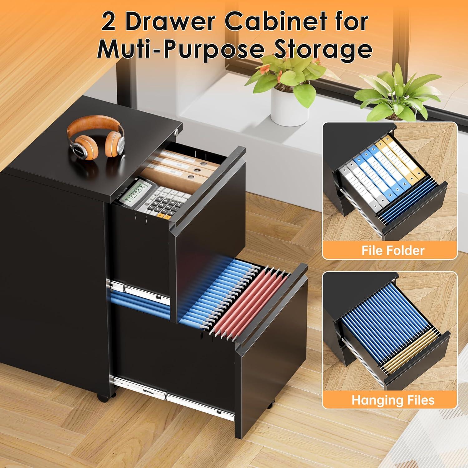 Black Metal 2-Drawer Lockable Mobile Filing Cabinet