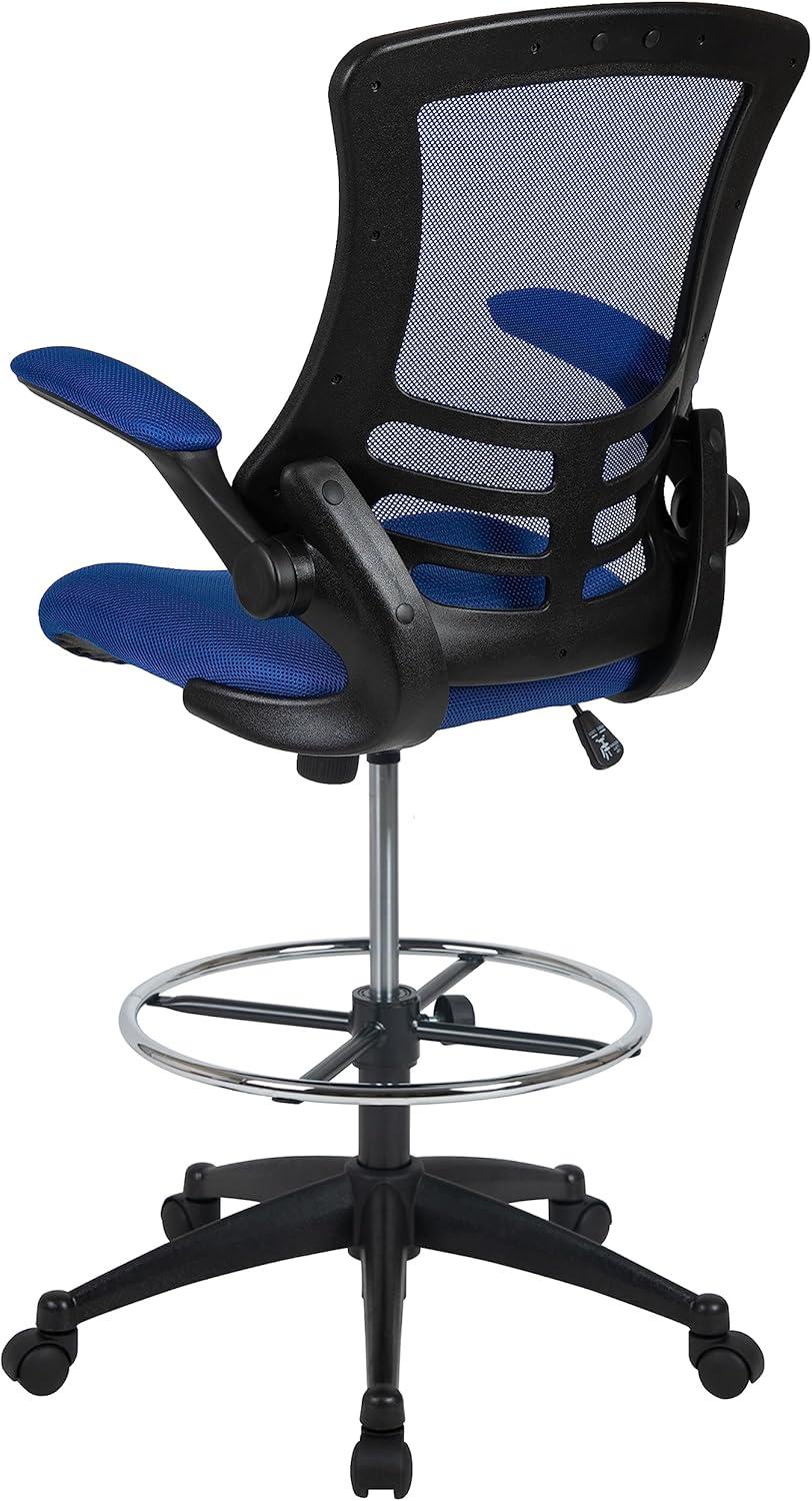 Flash Furniture Kelista Mid-Back Blue Mesh Ergonomic Drafting Chair with Adjustable Foot Ring and Flip-Up Arms