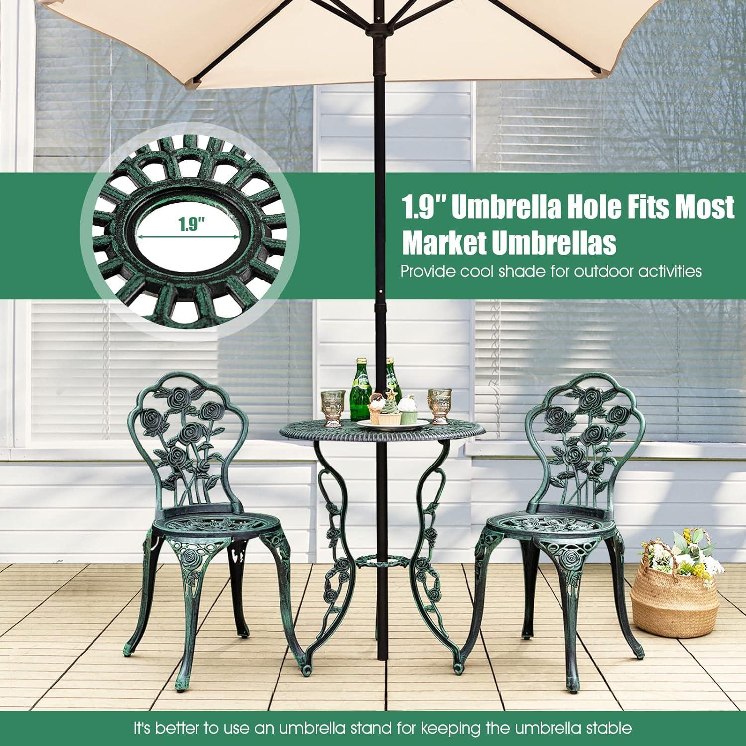 HAPPYGRILL 3-Piece Outdoor Bistro Set Rust-Resistant Cast Aluminum Table and Chairs with Elegant Rose Pattern, Outdoor Furniture Set with 1.9” Umbrella Hole for Balcony Backyard Garden Deck