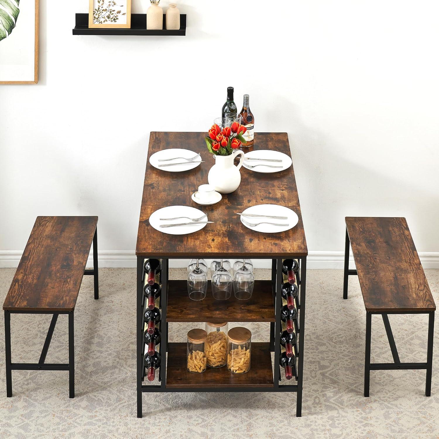 Rustic Brown Rectangular Dining Table Set with Benches and Wine Rack