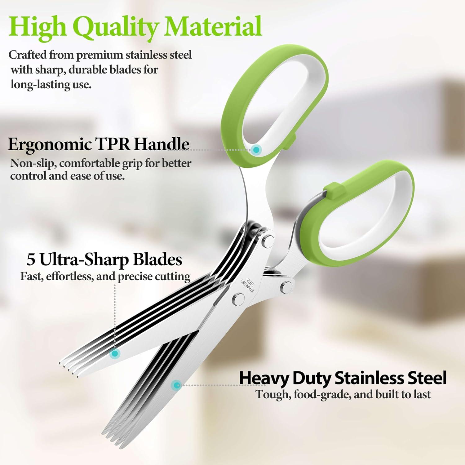 Herb Scissors, Kitchen Herb Shears Cutter with 5 Blades and Cover, Sharp Dishwasher Safe Kitchen Gadget - Green C49