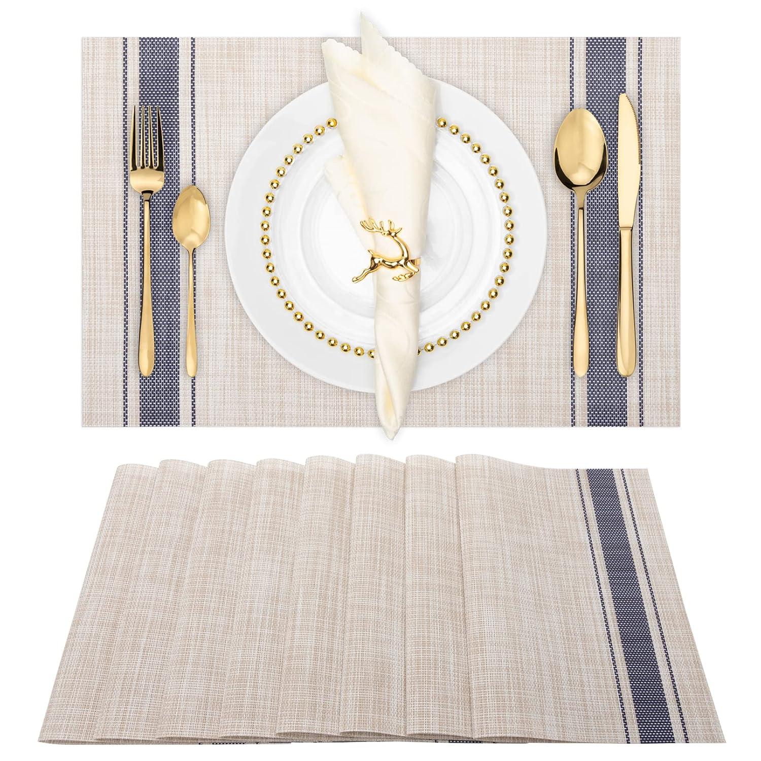 Placemats Set of 8 Woven Vinyl Insulation Indoor Place mats for Dining Table, Washable Durable PVC Table Mats (Beige)