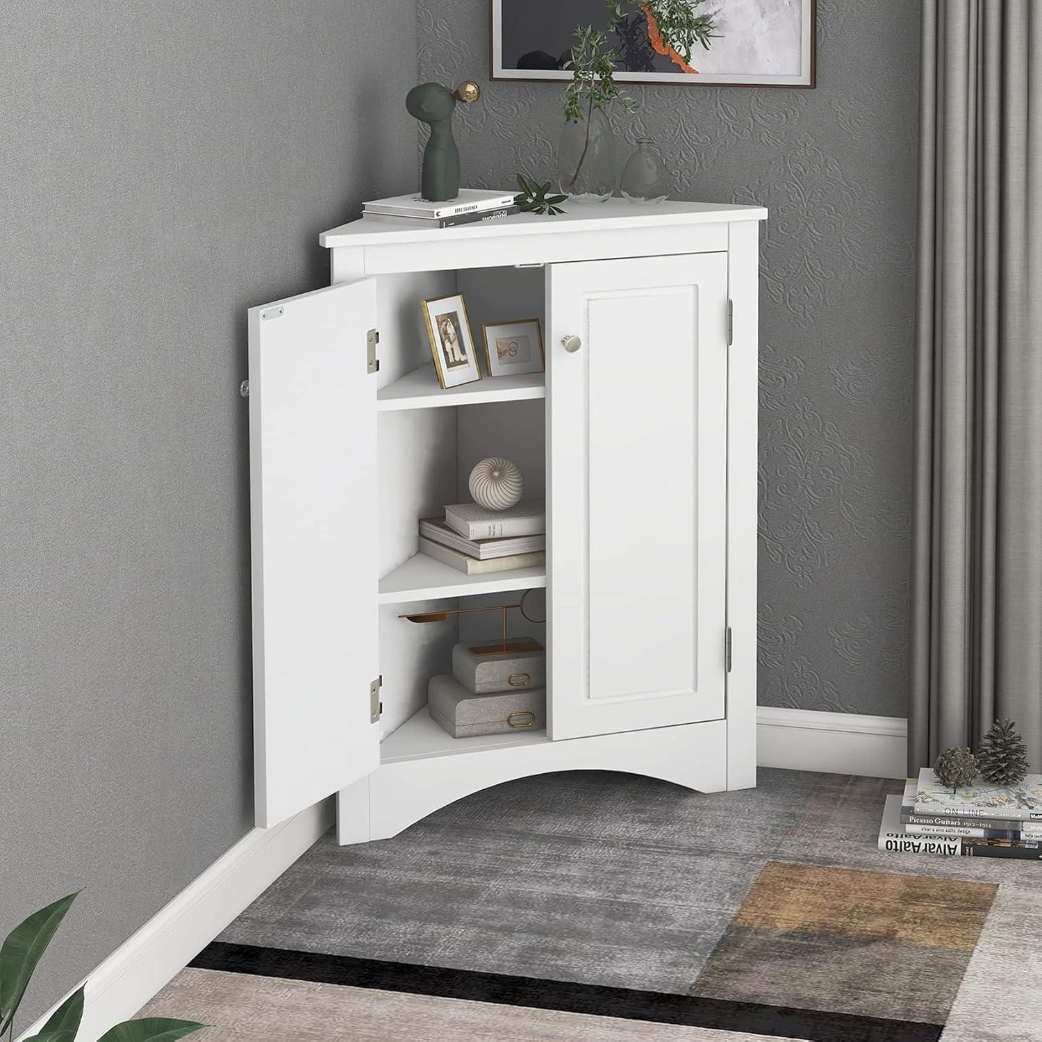Yardmaster Bathroom Storage Cabinet, Corner Cabinet with 2 Doors and Adjustable Shelves, Freestanding Corner Storage Cabinet for Bathroom, Kitchen, Living Room, White