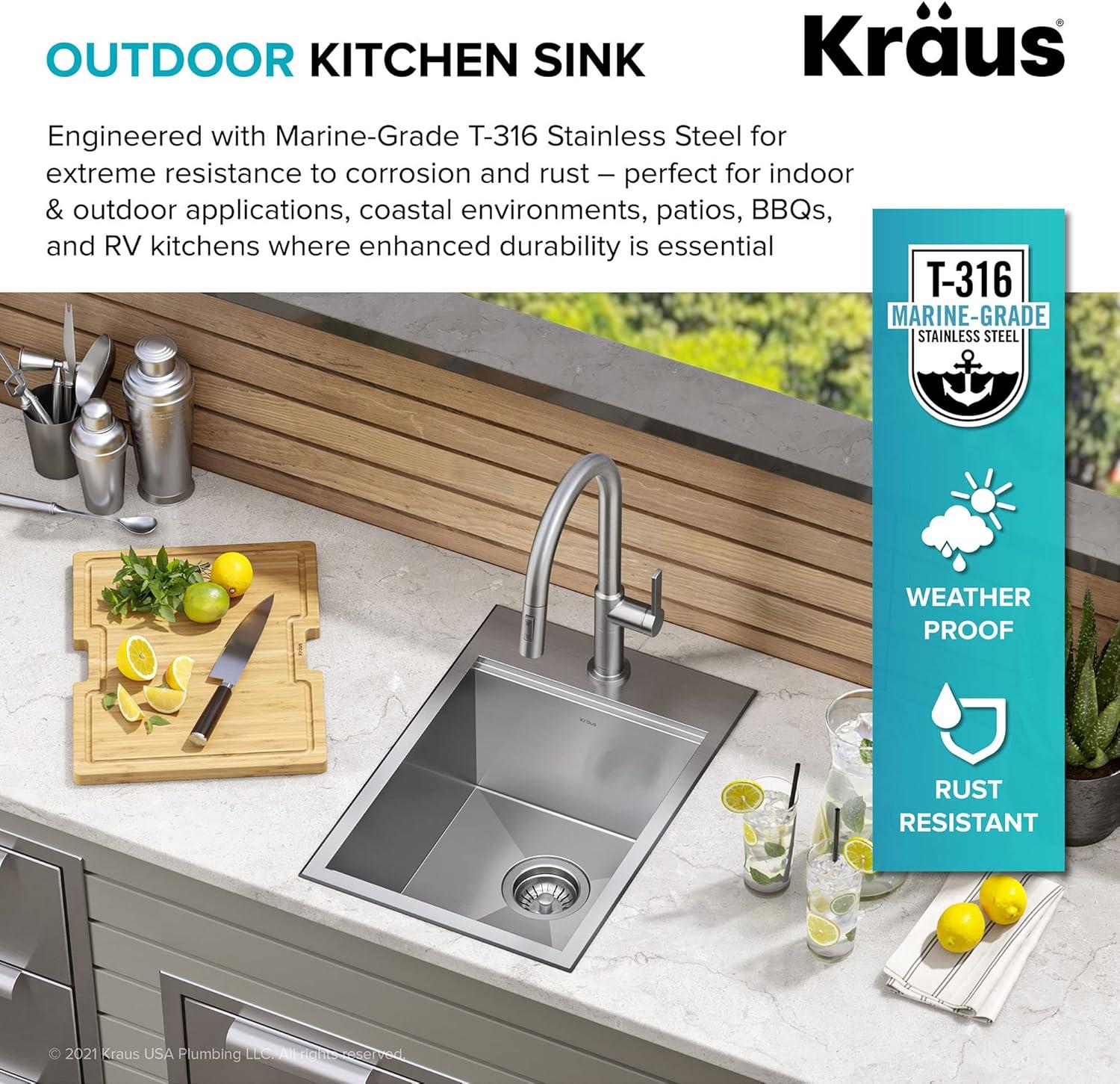 KRAUS Kore™ 15" L Outdoor Workstation Drop-In 16 Gauge Marine Grade T-316 Stainless Steel Single Bowl Kitchen Bar Sink