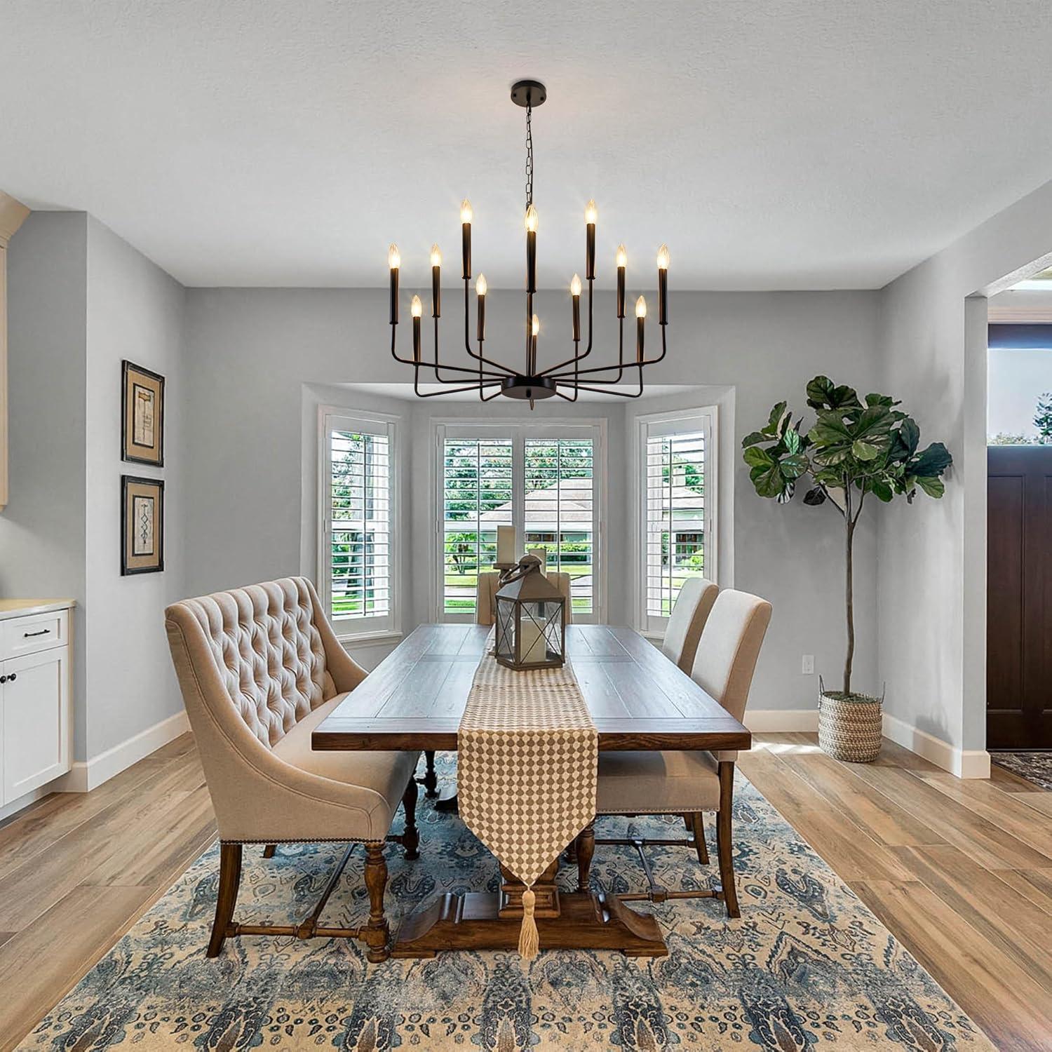Black Chandelier, 12-Light Farmhouse Chandeliers for Dining Room, Classic Candle Ceiling Pendant Light Fixture for Living Room, Foyer, Kitchen Island, Bedroom, Entryway