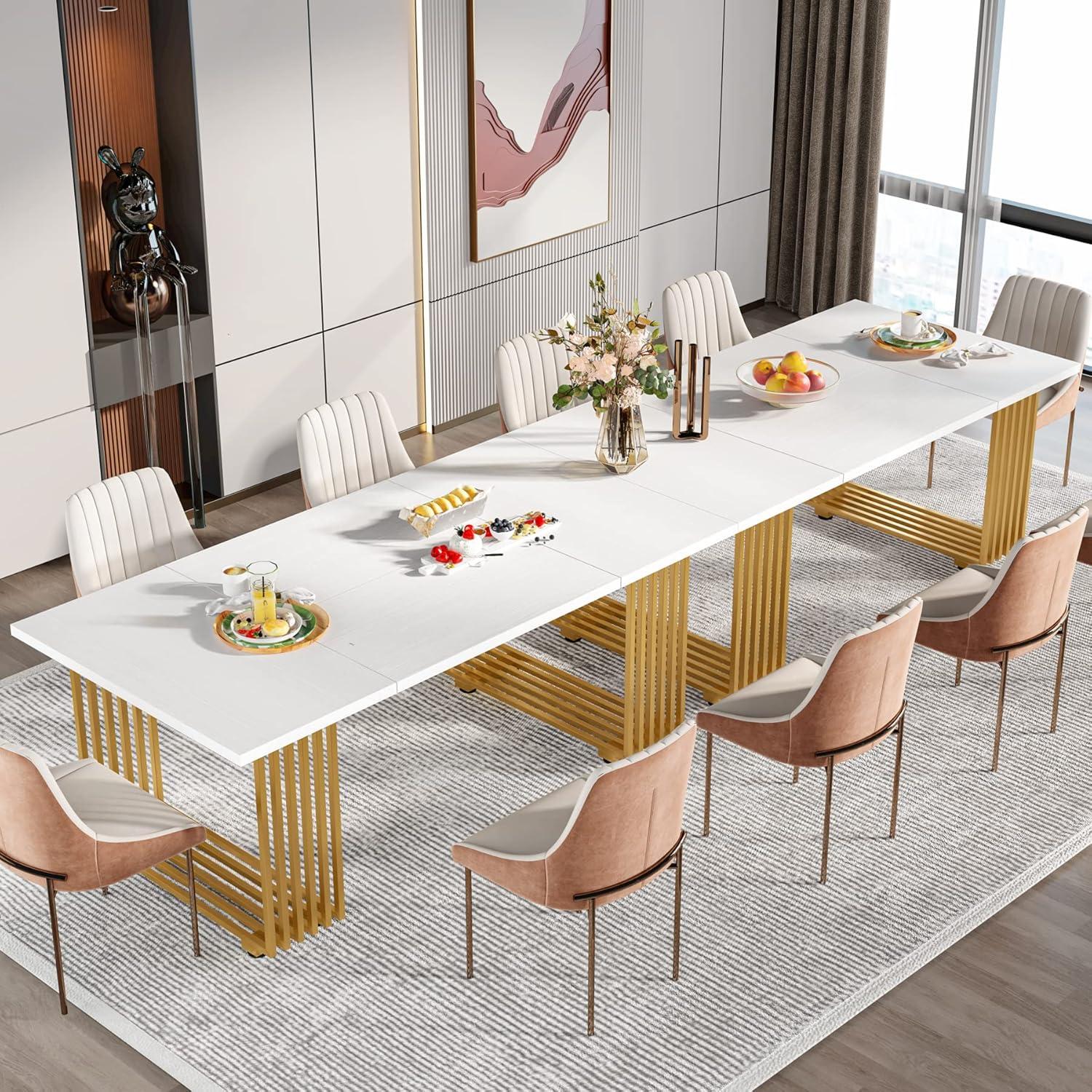 White and Gold 70.8 Inch Modern Dining Table for 6-8 People