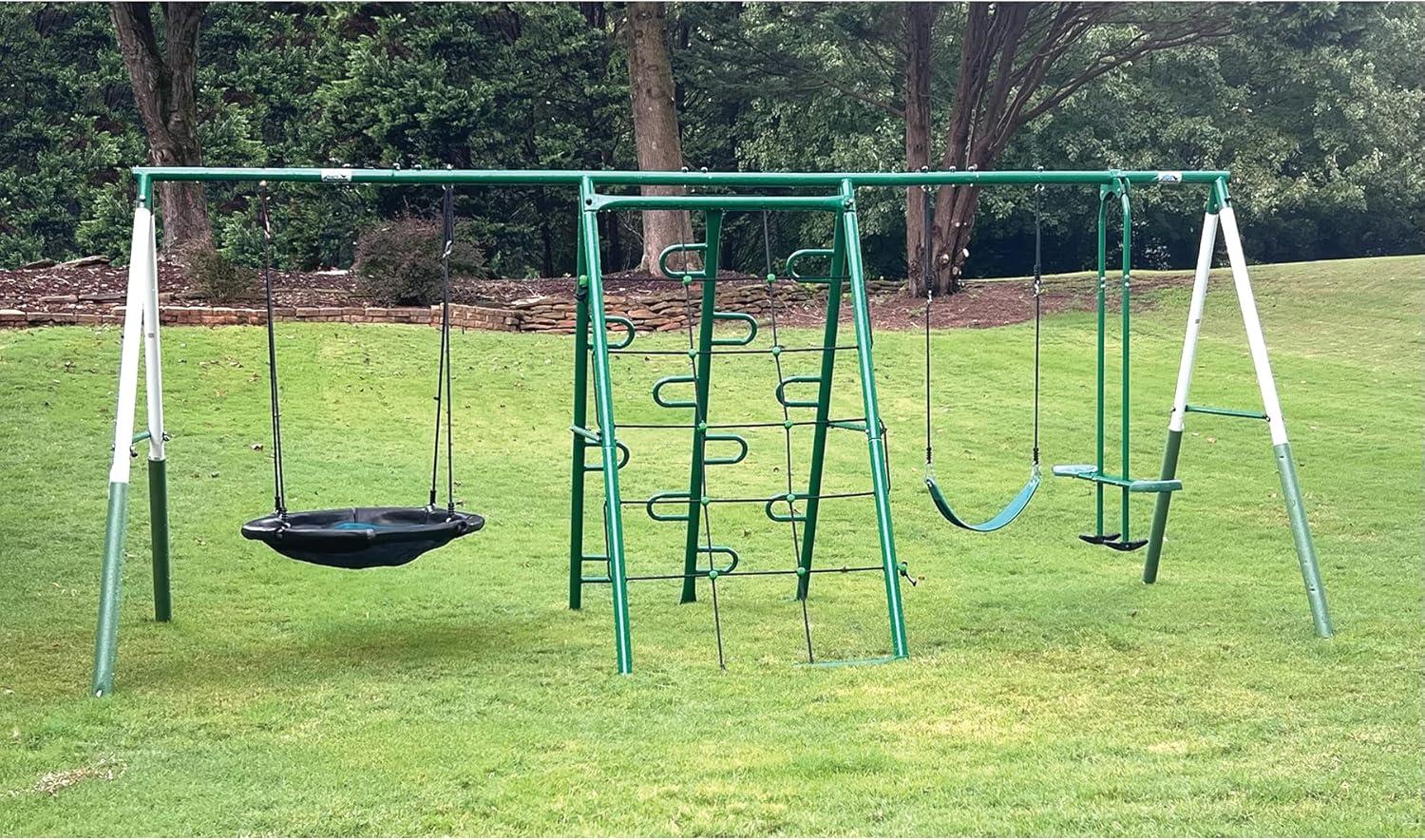 Green and White Alloy Steel Swing and Climbing Playset