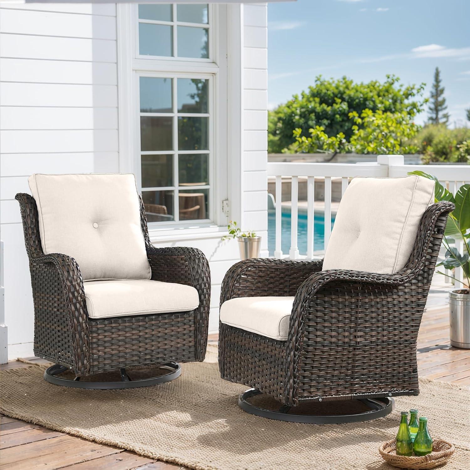 Brown Wicker and Beige Cushion Outdoor Swivel Rocking Chairs