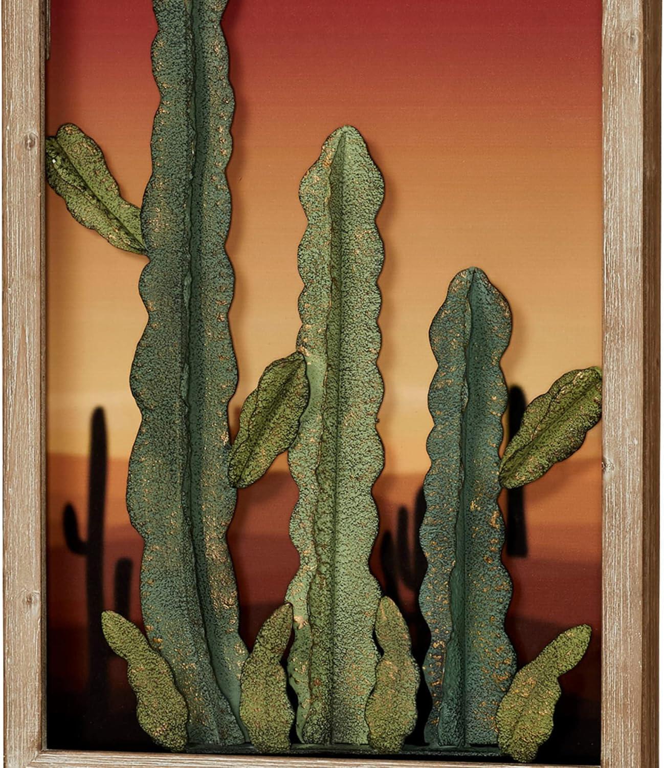 Desert at Sunset Southwest Cactus Wall Art Set of Two, 3D Metal Cacti in Front of Majestic Desert Print, Each Panel is 21 by 16 Inches, 2 Inch Depth Set of 2