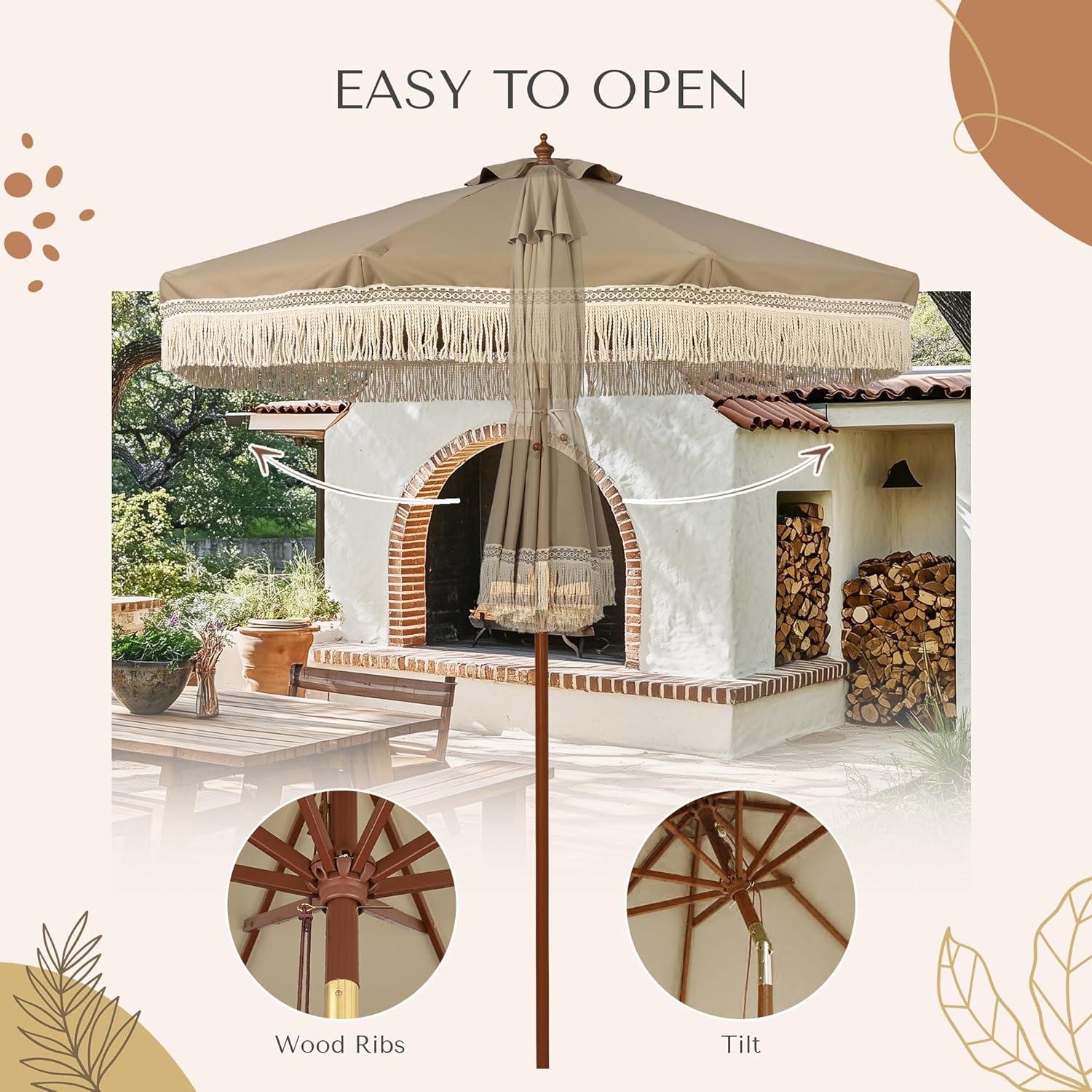 LAGarden BOHO 9' Fringe Patio Umbrella with Tassels UPF50+ Boho Style 5-Year-Non-Fading for Outdoor Yard Market Mocha Meander brown