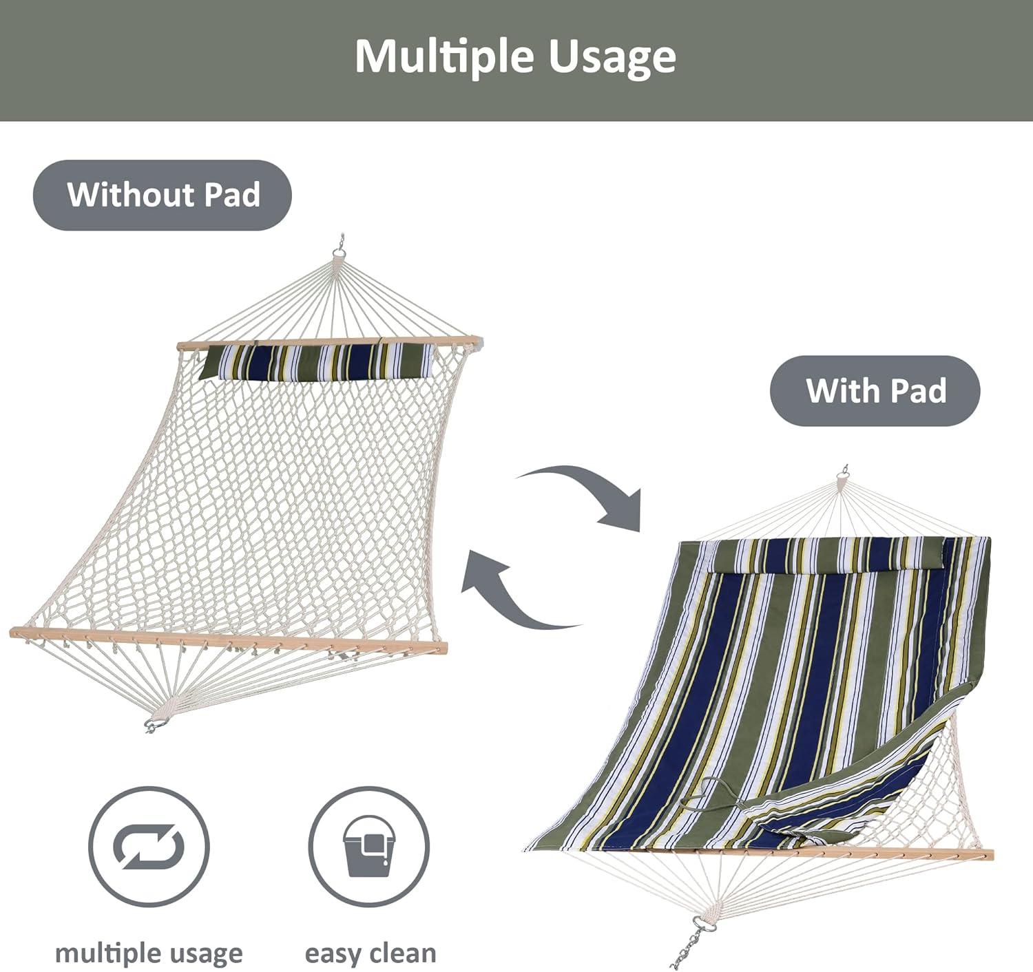 SUNCREAT Hammocks Outdoor Double Hammock with Hardwood Spreader Bar, Cotton Rope Hammock with Polyester Pad, Blue&Aqua
