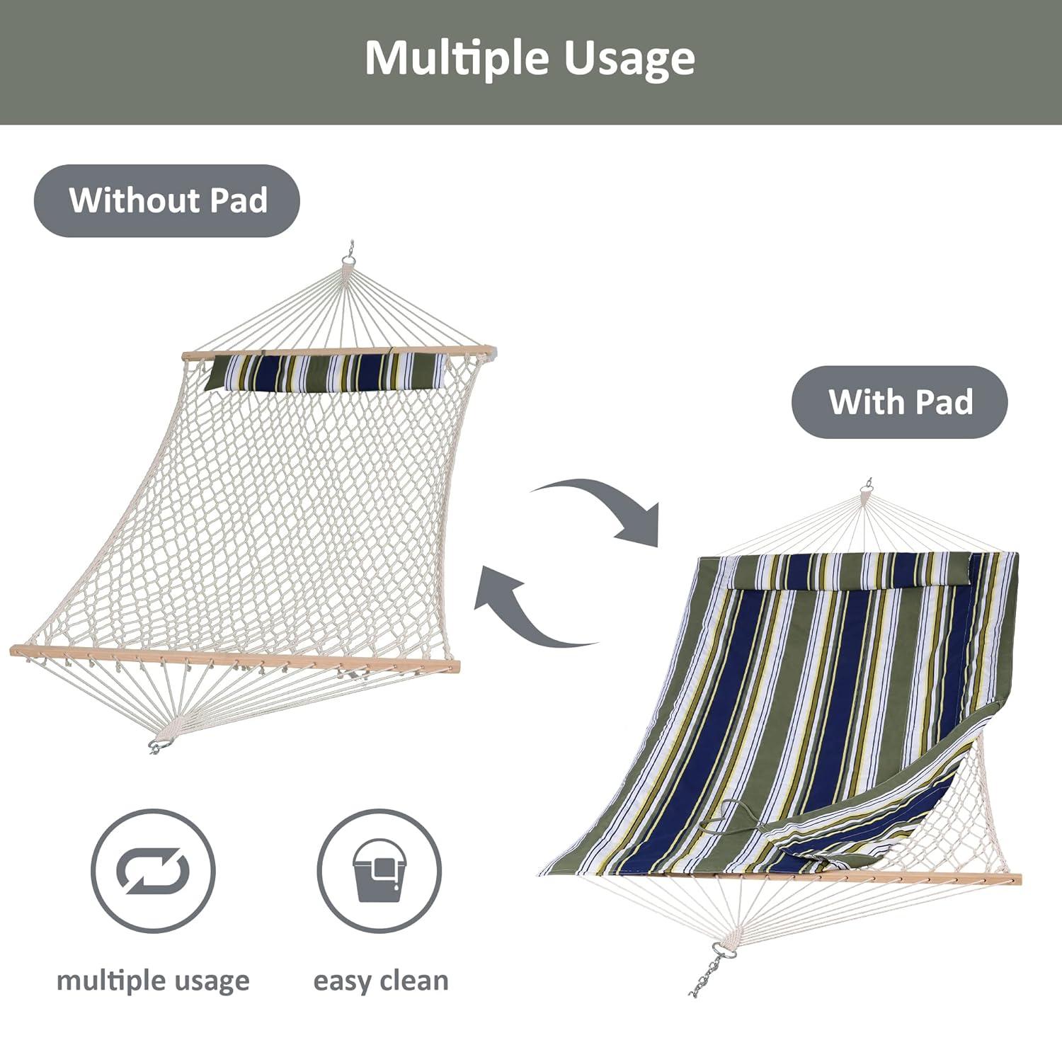 SUNCREAT Hammocks Outdoor Double Hammock with Hardwood Spreader Bar, Cotton Rope Hammock with Polyester Pad, Blue&Aqua