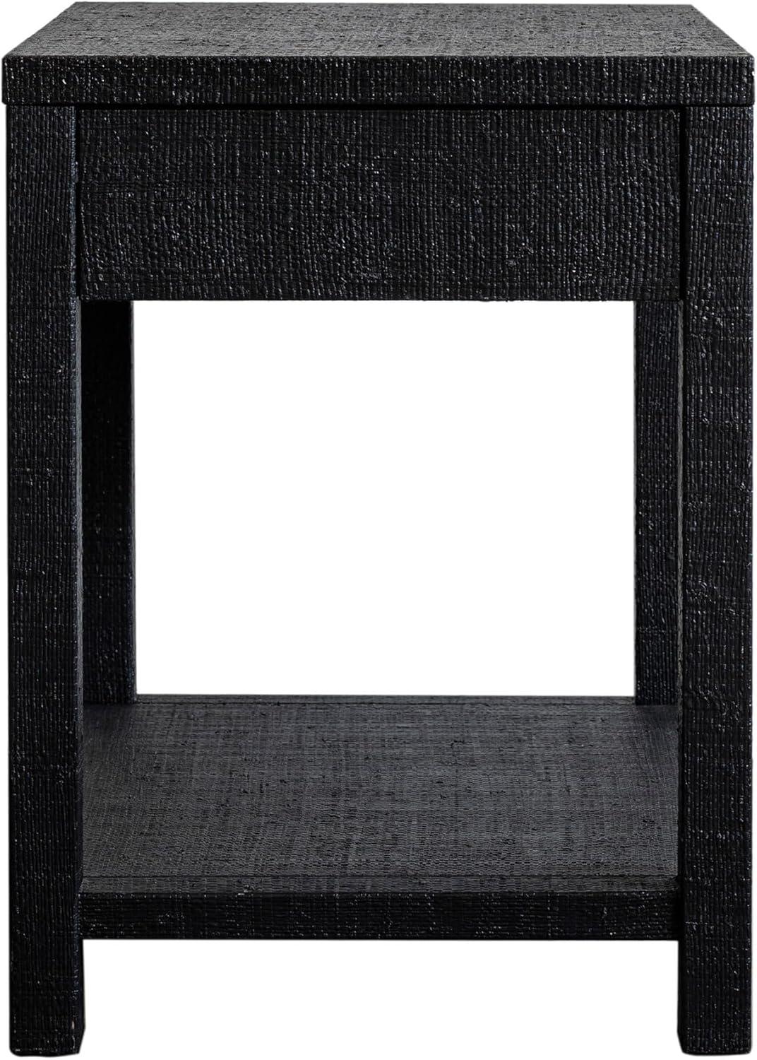 East at Main Indigo Road by Egypt Sherrod Gia Black Bedside Table with Drawer & Open Shelf – Modern Wood Nightstand for Bedroom Storage, Handcrafted Raffia Accent Table