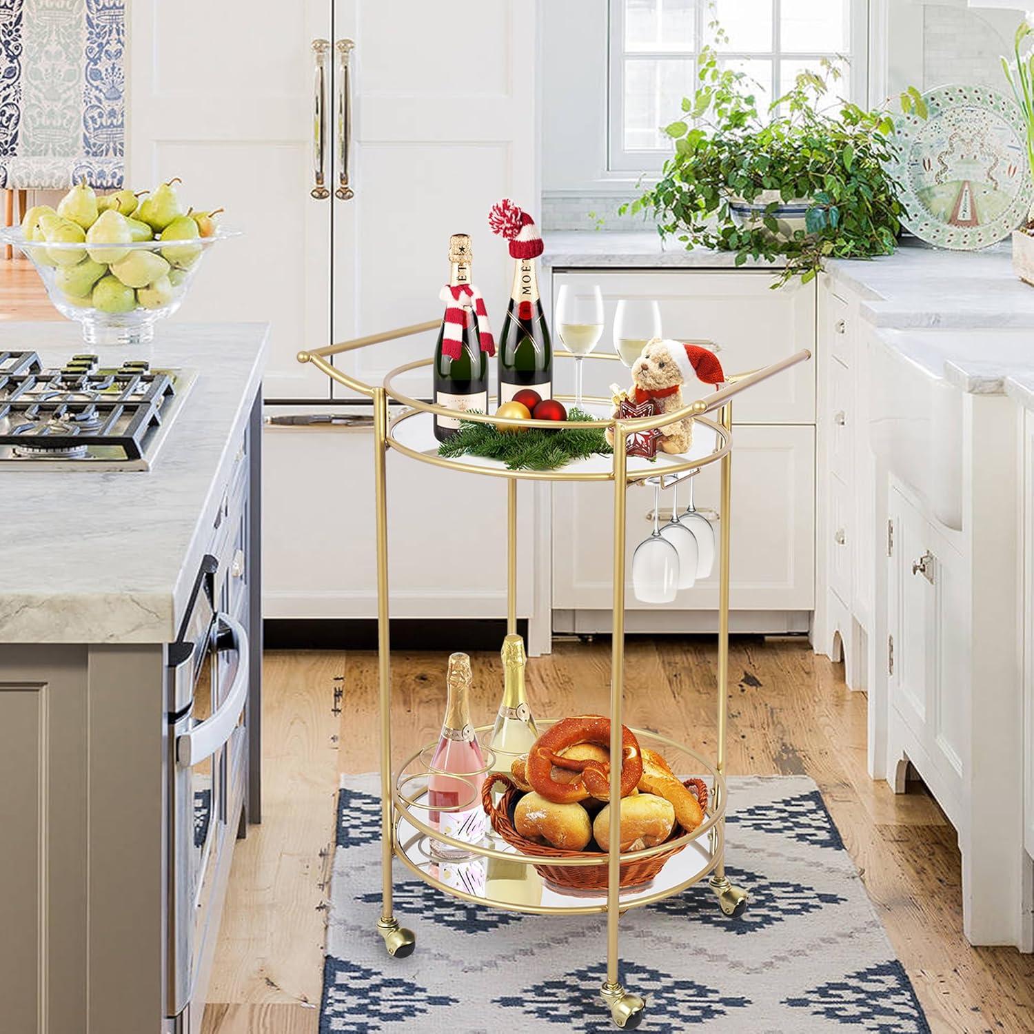 Gold Round Bar Cart with Glass Shelves and Wine Rack