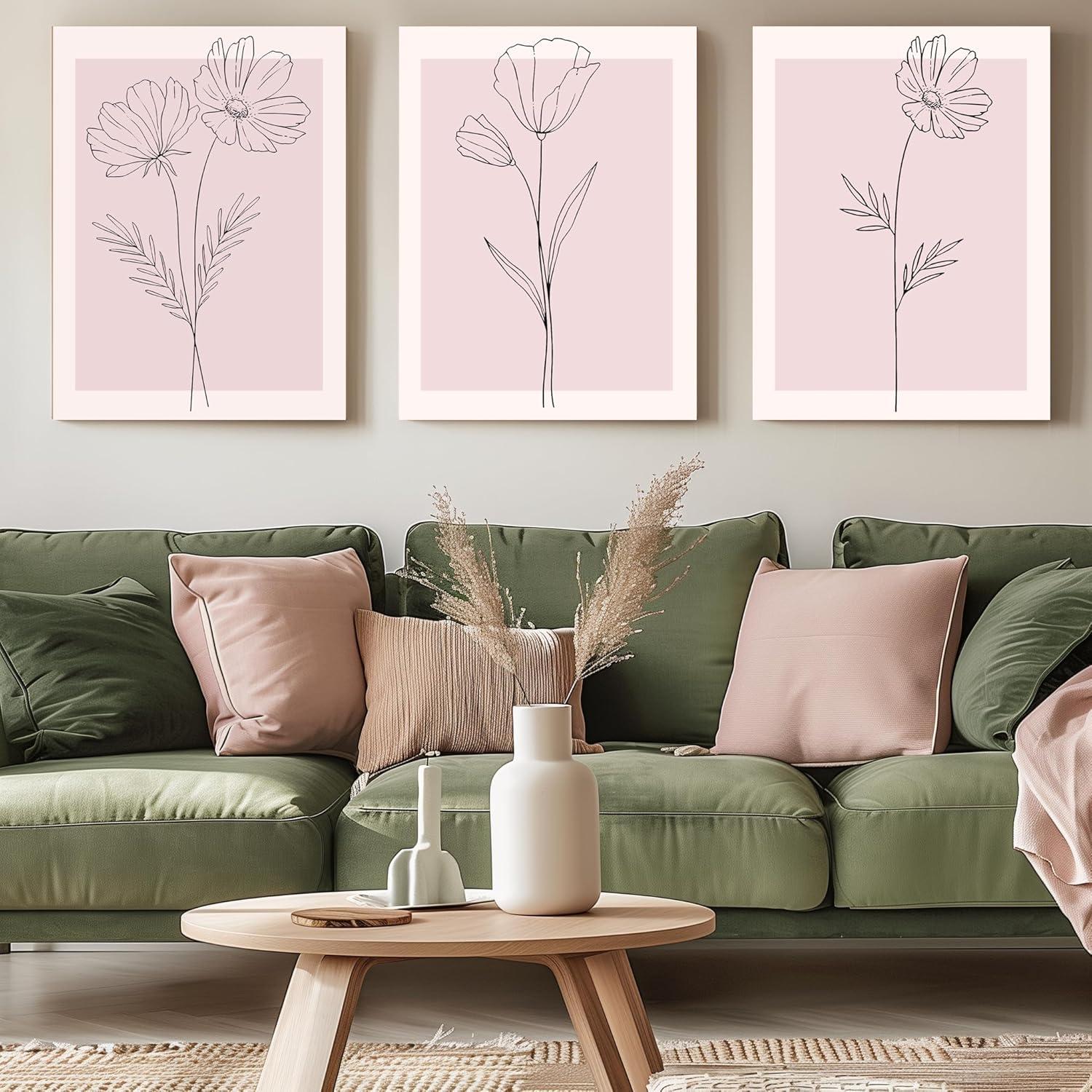 Lark Manor™ 3 Pieces Minimalism Botanical Canvas Wall Art Pink Flowers Line Plants Pictures Wall Decor Posters Print Artwork For Girls' Room Living Room Bedroom Bathroom Office Home Decoration