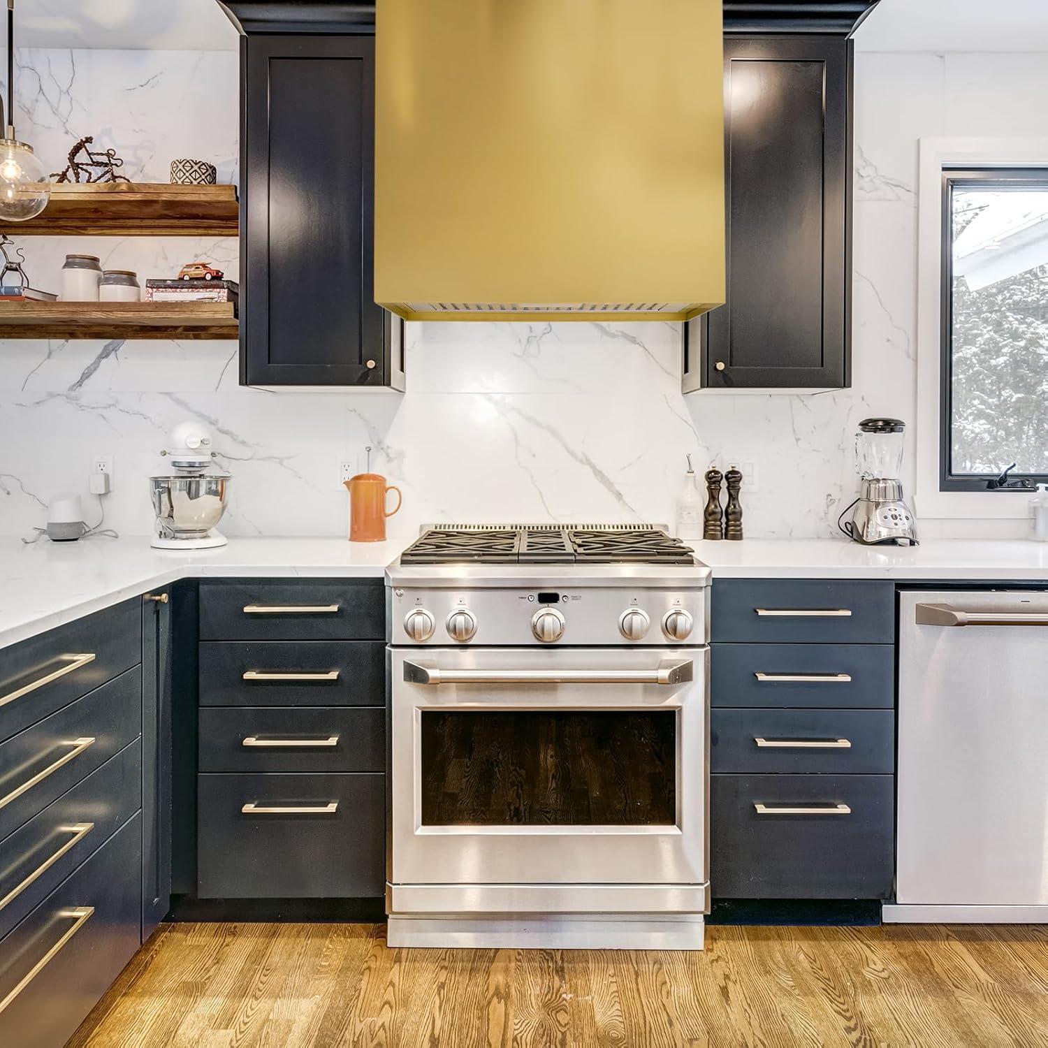 Akicon Stainless Steel Range Hood, Modern Box Kitchen Hood with Powerful Vent Motor, Wall Mount, 30”W*30”H*14D, Matte Gold (AKHS30H-MG)