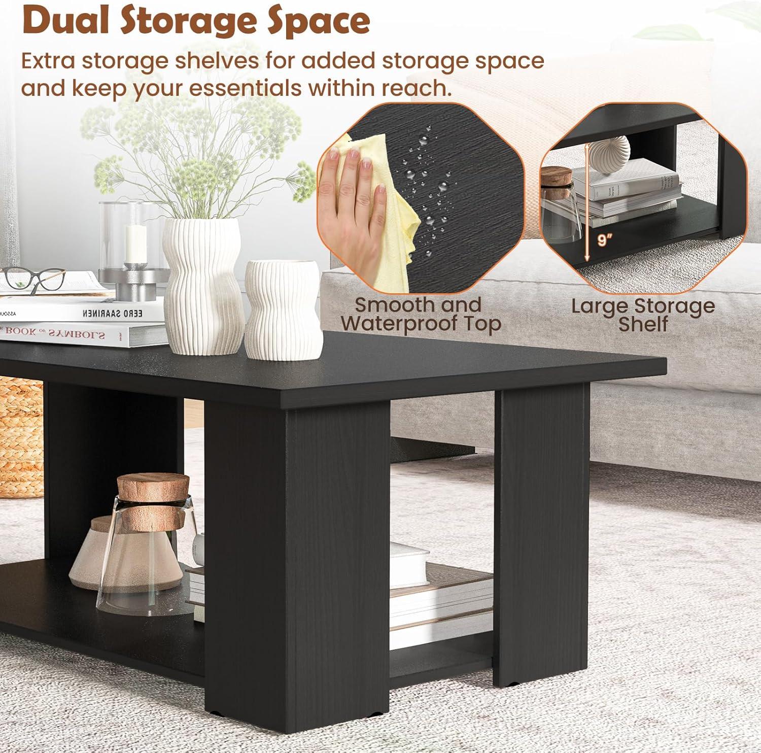 BuySphere Rectangle Wood Center Table, 41" L 2-Tier Large Modern Tea Table w/Open Compartment, Easy Assembly, Accent Coffee Table for Living Room, Reception Room, Black