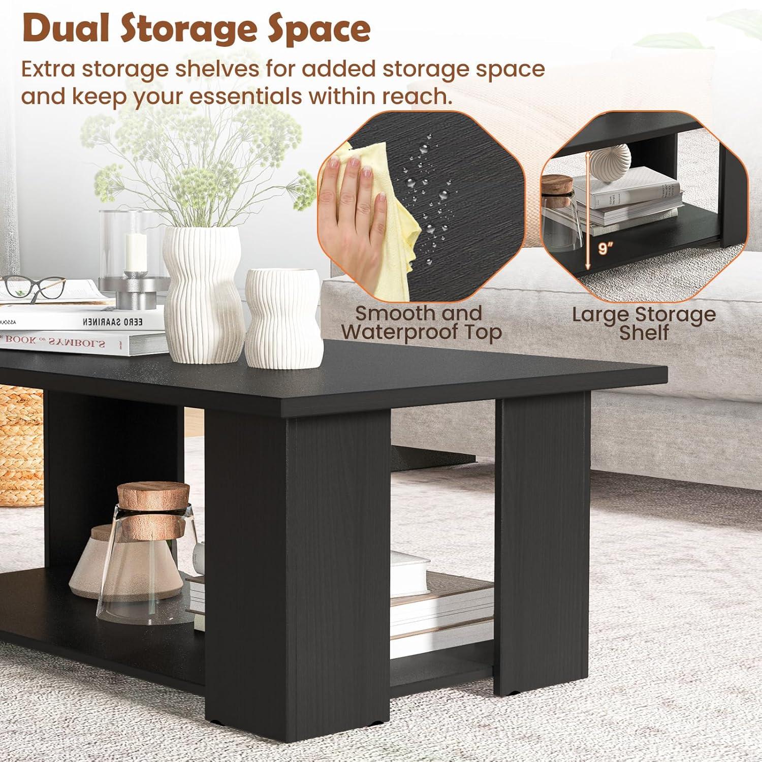 BuySphere Rectangle Wood Center Table, 41" L 2-Tier Large Modern Tea Table w/Open Compartment, Easy Assembly, Accent Coffee Table for Living Room, Reception Room, Black