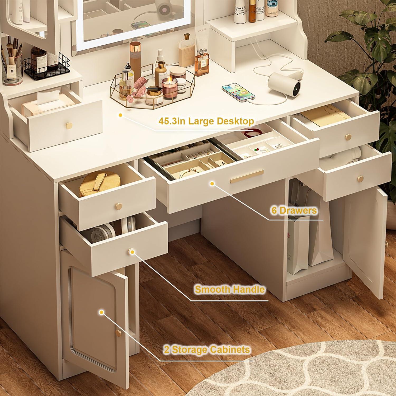 MONTARY Makeup Vanity Desk with Mirror and Lights, Dressing Table , White Vanity Table Set with 6 Drawers & Shelves & 4 Cabinets, 3 LED Lighting Modes Brightness Adjustable