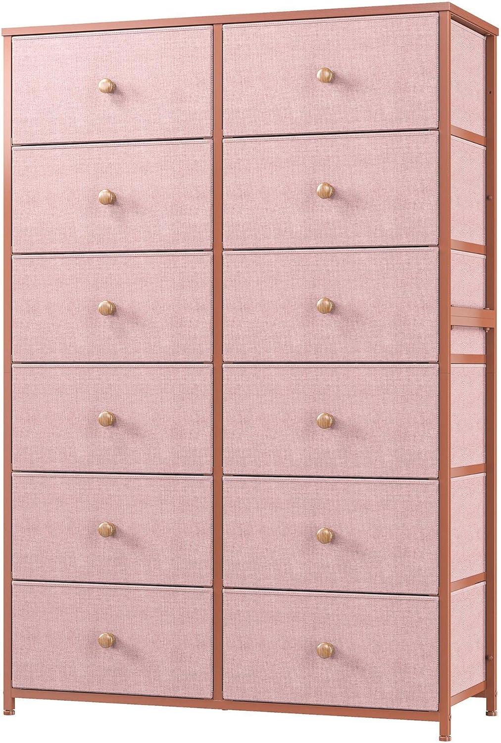 U-SHARE Pink Dresser for Girls Bedroom with 12 Drawers, Dresser for Bedroom with Sturdy Metal Frame and Wooden Top, Bedroom Dressers & Chests of Drawers for Bedroom, Nursery, Closet, Pink