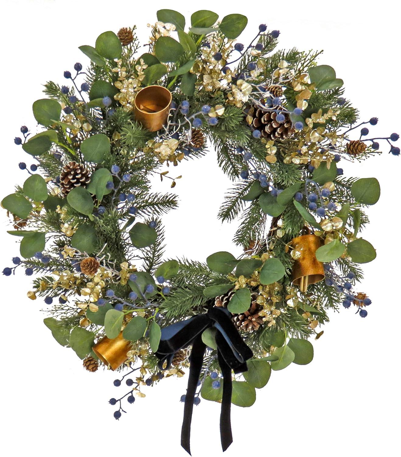 28'' Blue and Gold Artificial Christmas Wreath with Pinecones and Bells