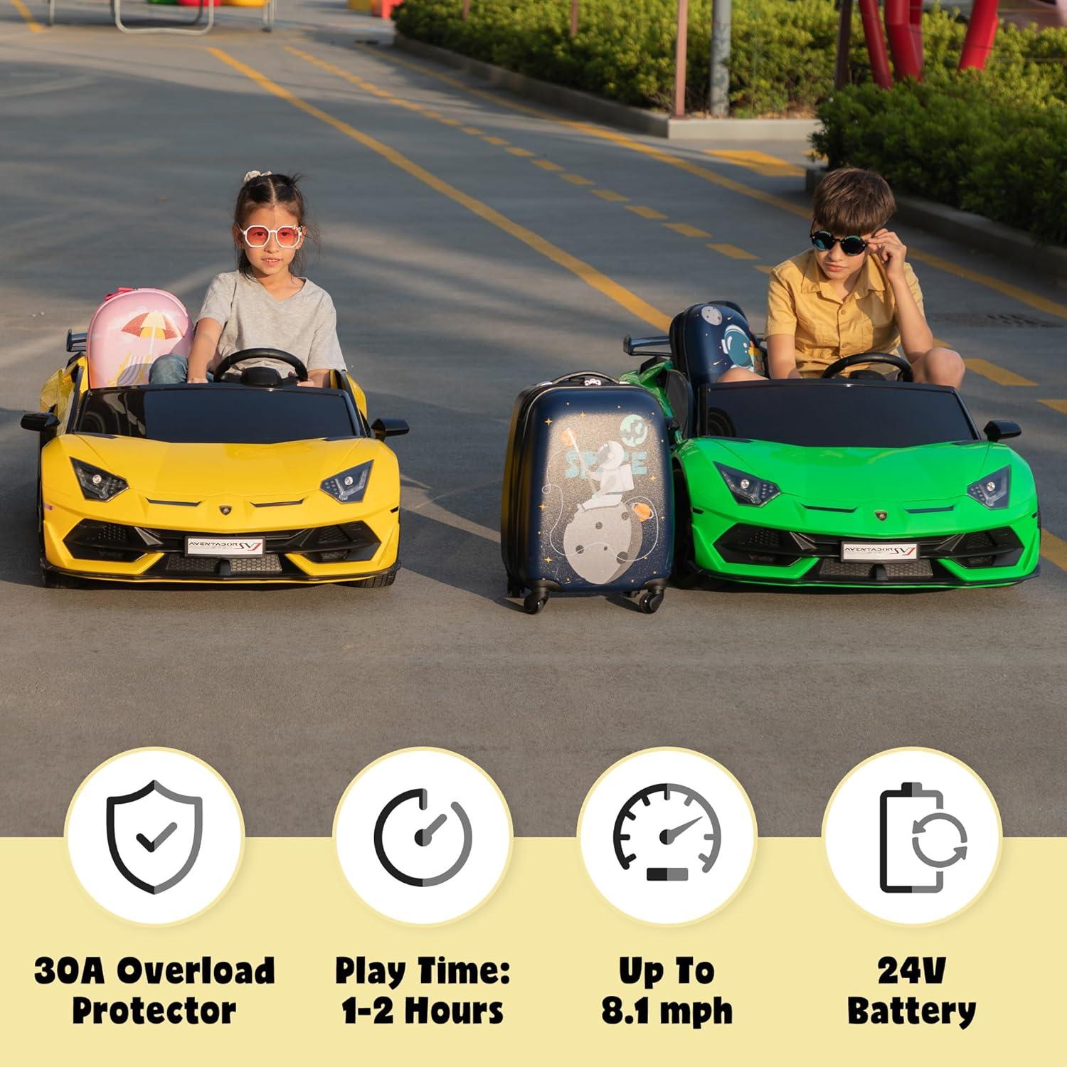 Tobbi 24V Lamborghini 2-seater Battery Powered Ride on with High/Low speed switch, Slow start function, Battery level display, MP3, USB, Light Drift Car for Kids 3-8