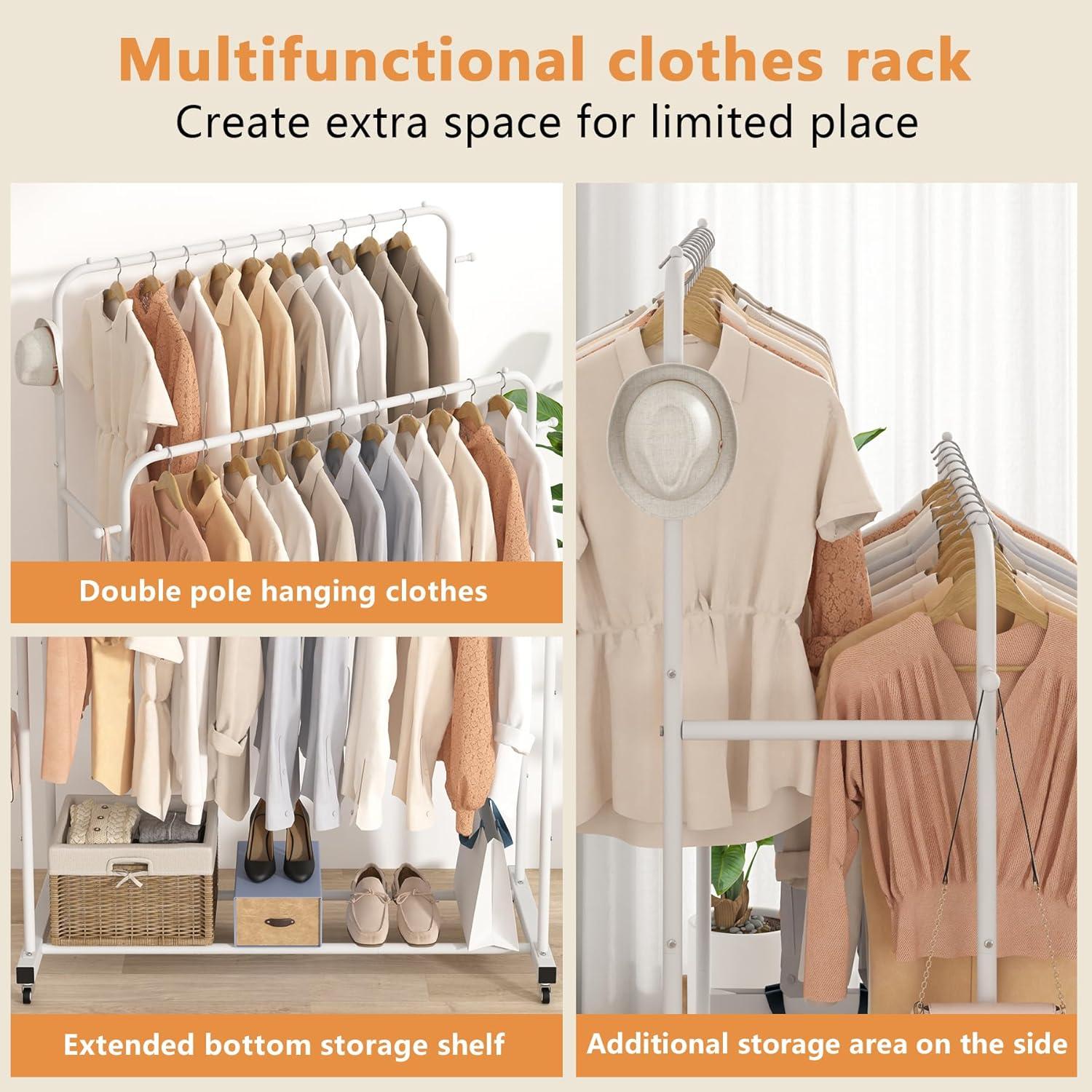 White Double Rods Garment Rack with Wheels and Hooks