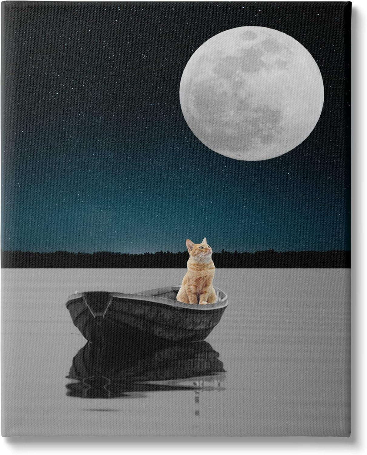 Stupell Industries Orange Cat Floating Rowboat Nighttime Moon Lake Scene , 16 x 20, Design by Atelier Posters