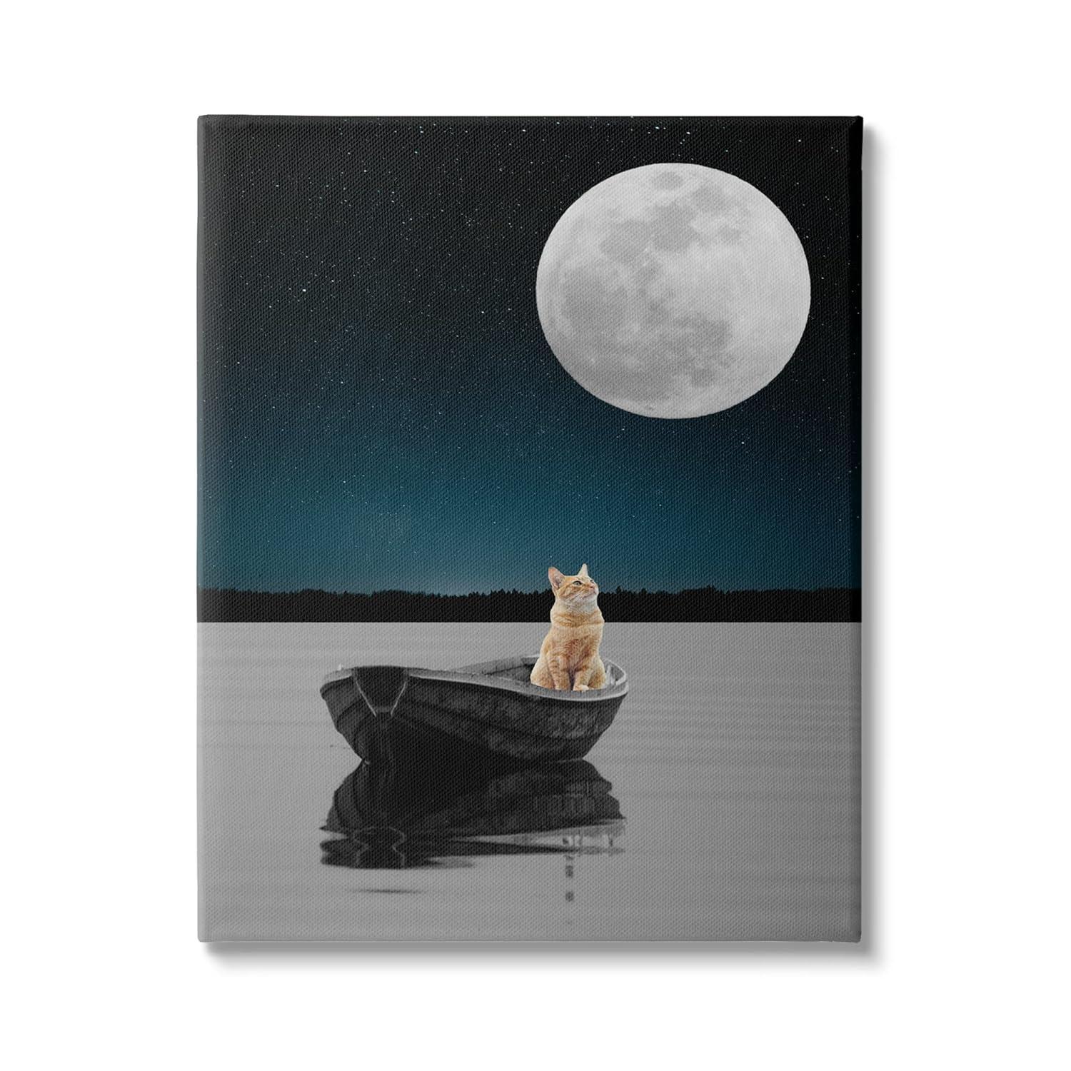 Stupell Industries Orange Cat Floating Rowboat Nighttime Moon Lake Scene , 16 x 20, Design by Atelier Posters