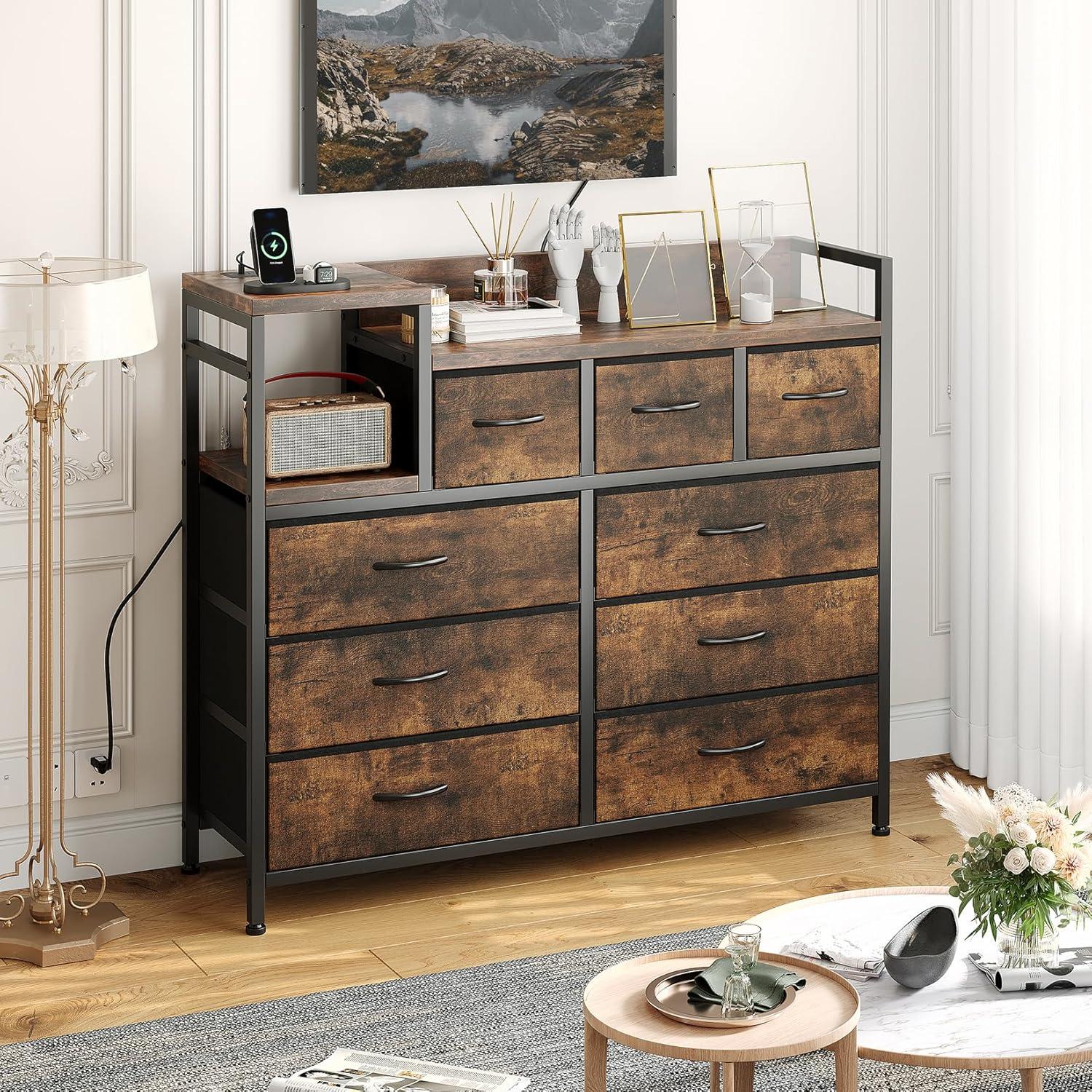 Rustic Brown Freestanding Dresser with 9 Drawers and Open Frame