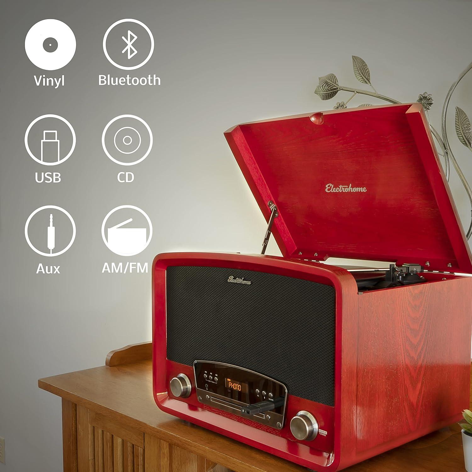 Electrohome Kingston Vintage Vinyl Record Player Stereo System - Turntable, Bluetooth, Radio, CD, Aux, USB, Vinyl to MP3 - Cherry