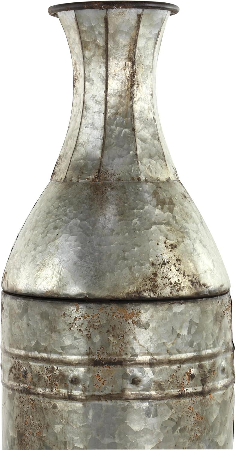 DecMode Farmhouse Cylinder Shape Extra Large Silver Distressed Metal Floor Vases, Set of 3, 43", 33", 25"H