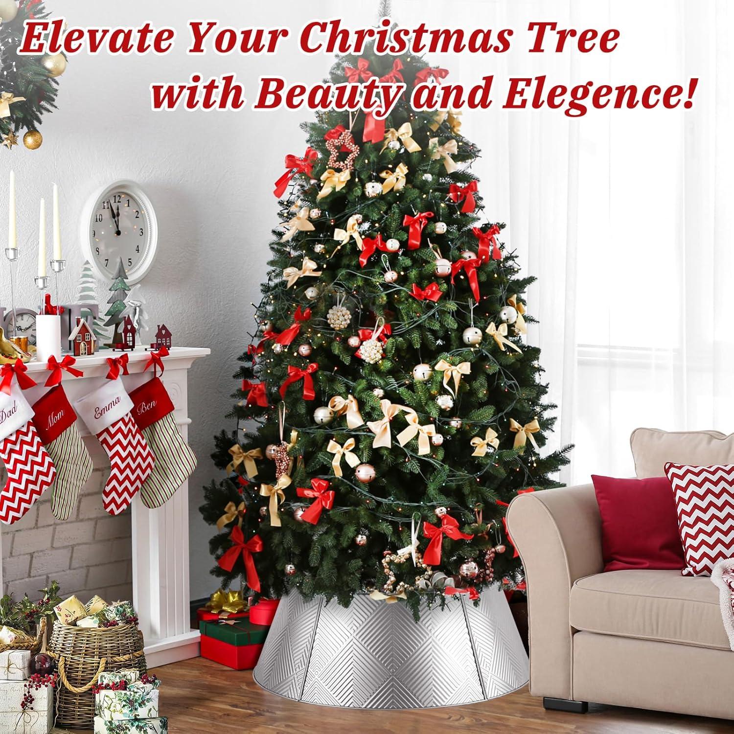 Nordic Hygge 28’’ Christmas Tree Collar, Gold Tree Skirt for Christmas Tree Decor, Christmas Tree Base Cover with Printed Patterns, Metal Tree Collar for Pencil Tree of Living Room